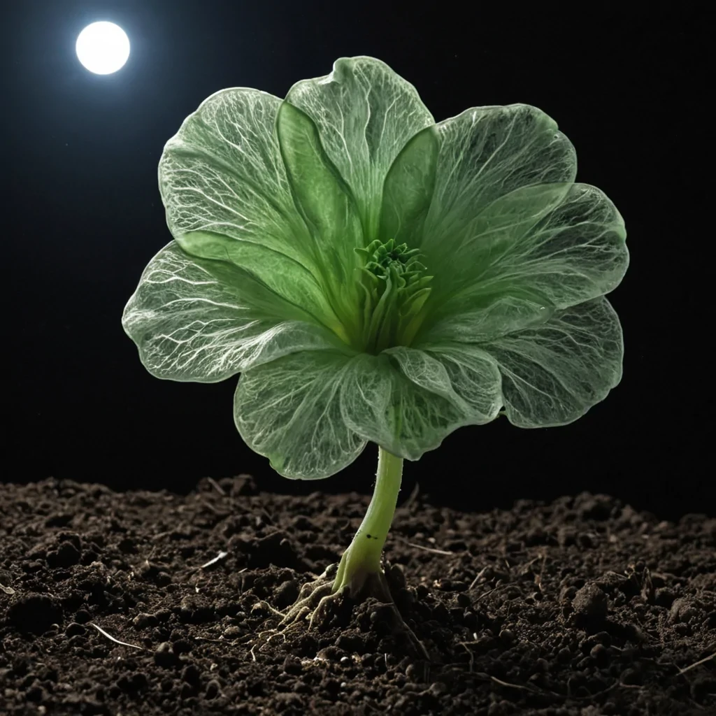 A single, selfsynthesizing petal of reversed growth, shaped like a 4,001dimensional bloom of unformed life and inverted biology, unfurls in the center of a vast, inverted greenhouse of solidified decay. Each filament is woven from the exact moment between a seed cracking open and its refusal to sprout, a root extending into soil and dissolving into nonnutrition, a flower opening under moonlight and collapsing into pure, unmeasured nonvitality. The bloom does not nurture lifeit unnurtures it, each unfurling layer shedding a stratum of organic potential that never coalesced into chlorophyll, photosynthesis, or cellular division, reforming into ephemeral, jade