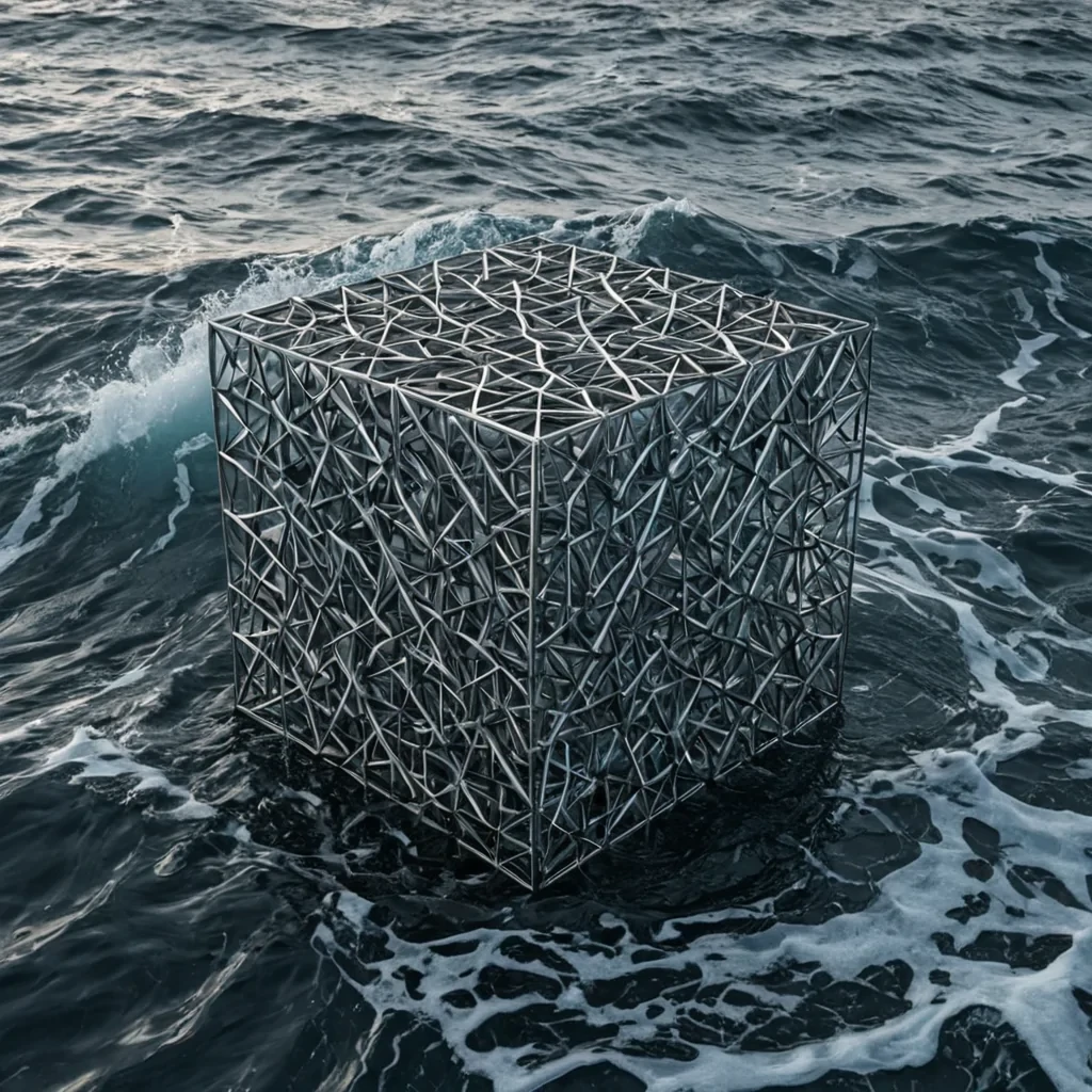 A single, selfoscillating lattice of compressed stillness, shaped like a 21dimensional hypercube of inverted motion and unformed momentum, pulses at the center of a vast, inverted ocean of solidified soundeach wave frozen midcrest in the moment before the first vibration was ever allowed to ripple through a world where resonance was forbidden. The lattice does not vibrateit unresonates, each facet shedding a layer of harmonic potential that never coalesced into a shared frequency, reforming into ephemeral, onyxthreaded afterimages shaped like the negative space between two ears that never heard the same silence in unison during the same breath of time. The oceans surface is not water, but a dense,