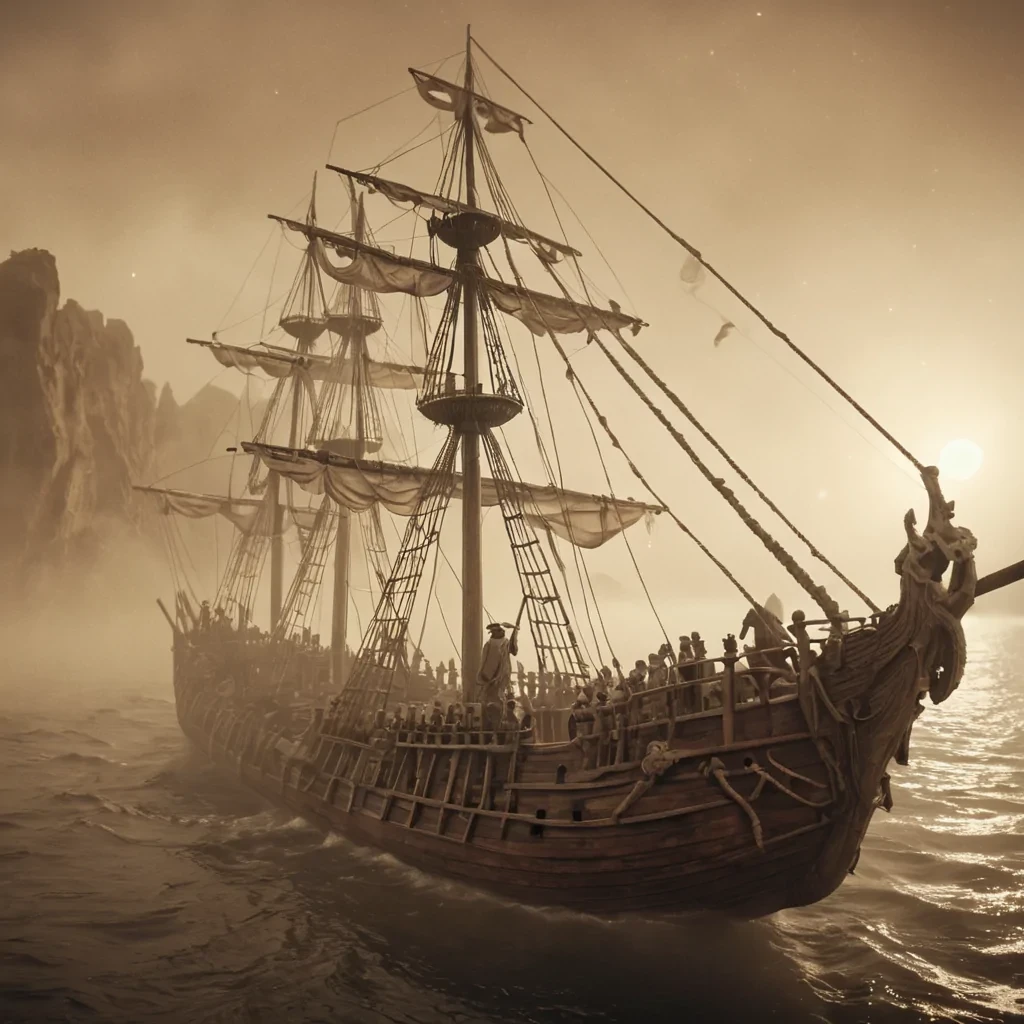 A lone, ancient mariner navigates a vast, misty expanse on a ship made of interlocking bones, with ghostly sailors pulling spectral oars, hyperrealistic, 8K, cinematic lighting, volumetric lighting, atmospheric effects, dynamic lighting, bokeh effect, soft focus, lens flare, sepia tones, detailed textures.