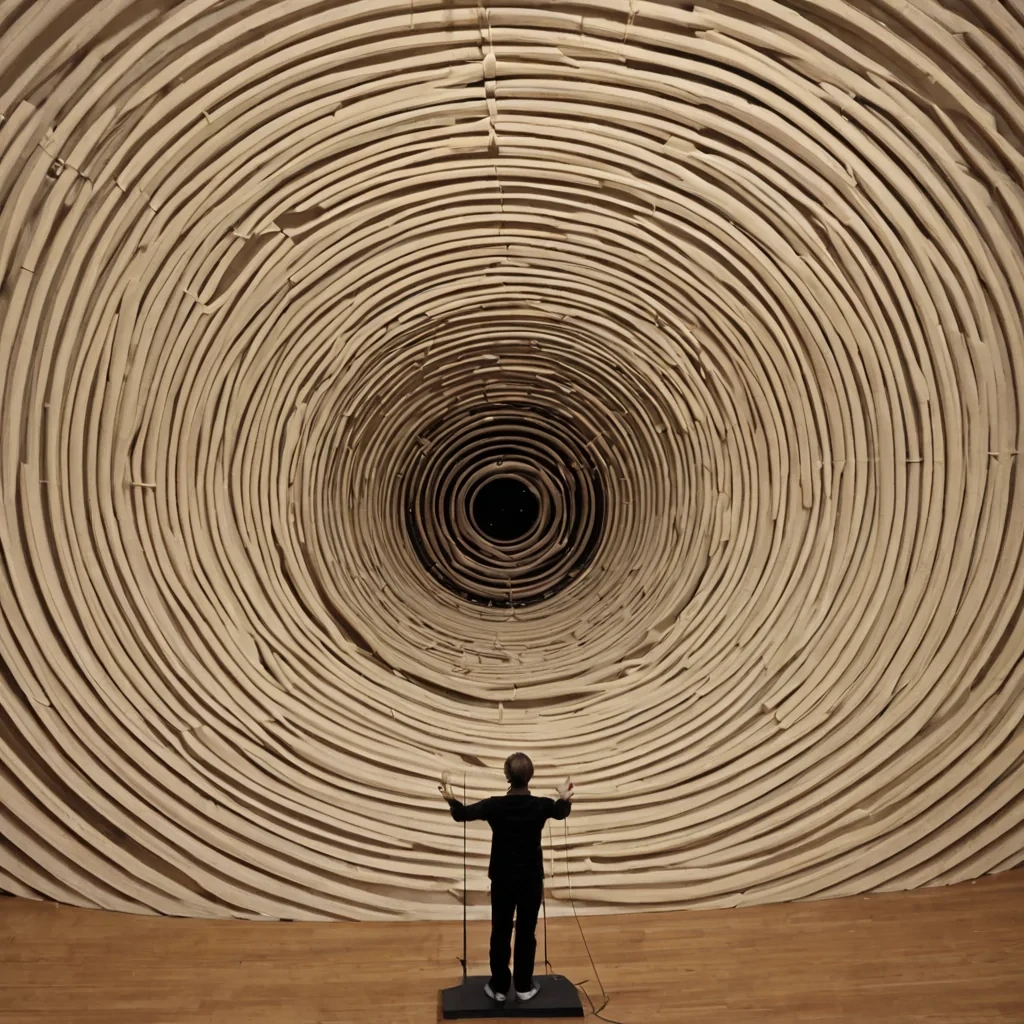 A single, selfoscillating membrane of reversed resonance, shaped like a 17,893dimensional torus of unformed vibration and inverted frequency, thrums through the hollow core of a vast, inverted symphony hall of solidified silence. Each ripple is spun from the exact moment between a note being played and its refusal to resonate, a bow gliding across strings and dissolving into nonharmonic, a conductors baton lifting and collapsing into pure, unmeasured nonmotion. The torus does not produce soundit unproduces it, each trembling wave shedding a layer of acoustic potential that never coalesced into melody, emotion, or the weight of being heard. As it rotates backward through the infinite balcon