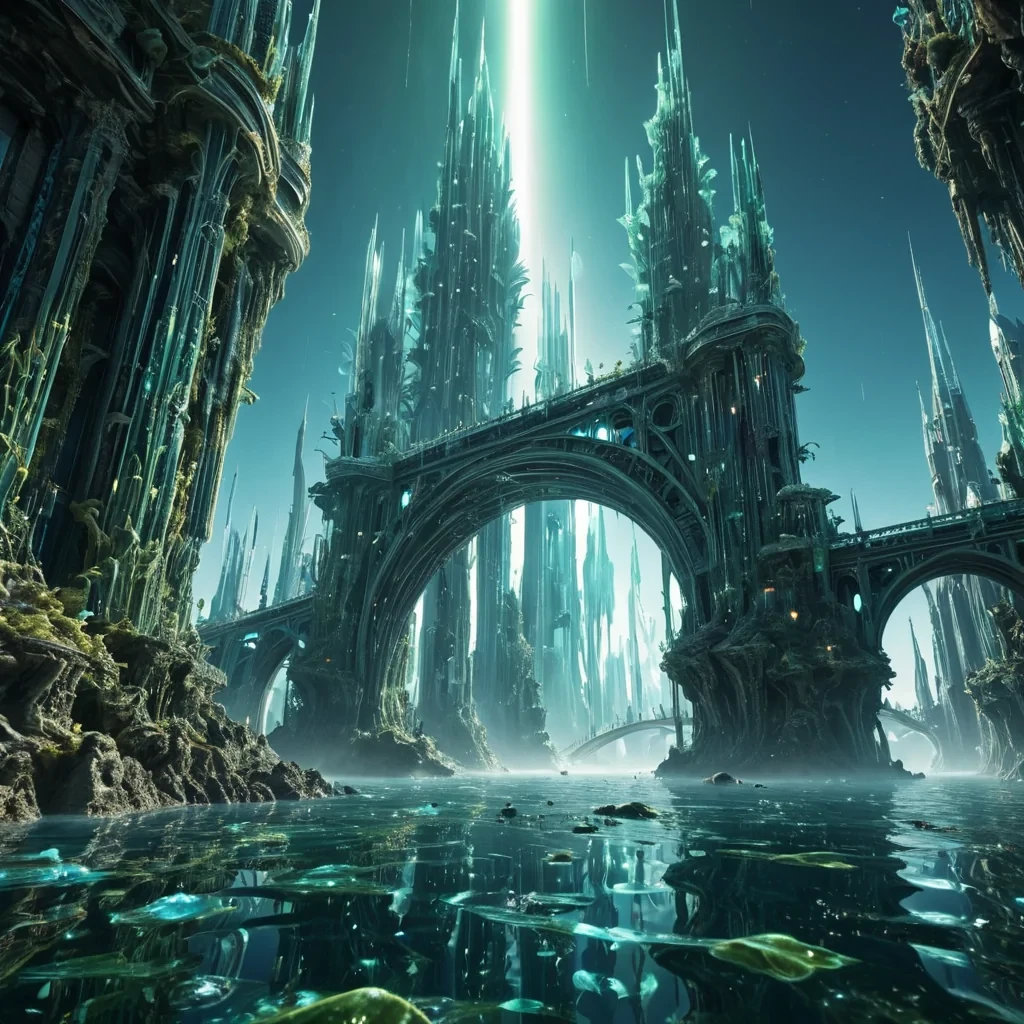 A hyperrealistic, 4K, ultra HD, photorealistic depiction of a surreal, underwater cityscape, its towering, crystalline spires and arching bridges encrusted with bioluminescent, iridescent algae. Volumetric lighting from a distant, pulsating, alien sun etches the citys intricate, geometric architecture, casting mesmerizing, prismatic shadows on the undulating, liquid surfaces. Cinematic lighting bathes the scene in a symphony of ethereal blues and greens, with lens flare emphasizing the citys central, radiant, crystalline tower, pulsating with captive, aquatic energy. Photorealistic, fractal, aquatic formations unfurl ultra HD, zero gravity, creating an otherworldly