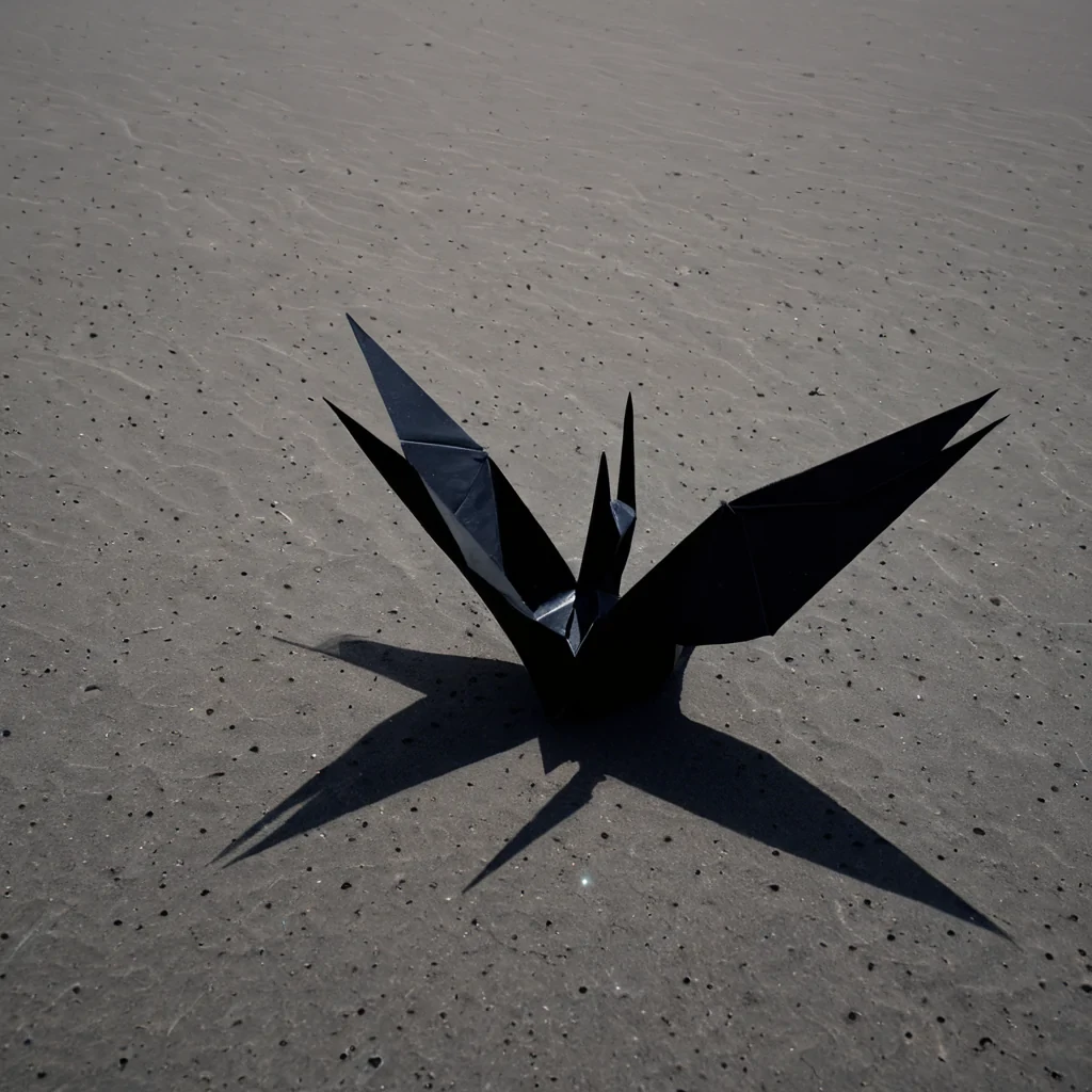 A single, obsidianblack origami crane floats motionless in the center of a vast, empty desert of liquid mercury, its wings folded with impossible precision from a single sheet of paper that was never touched by human hands. The desert stretches infinitely in all directions, its surface perfectly still, reflecting not the sky, but a mirror image of the cranes own shadowexcept the shadow is not dark, but composed of shimmering, translucent constellations that shift and reconfigure with each passing second, forming the names of people who never lived, written in a language that only exists in the silence between heartbeats. Above, the sky is a deep, velvety black, but instead of stars, it is scattered with faint, puls
