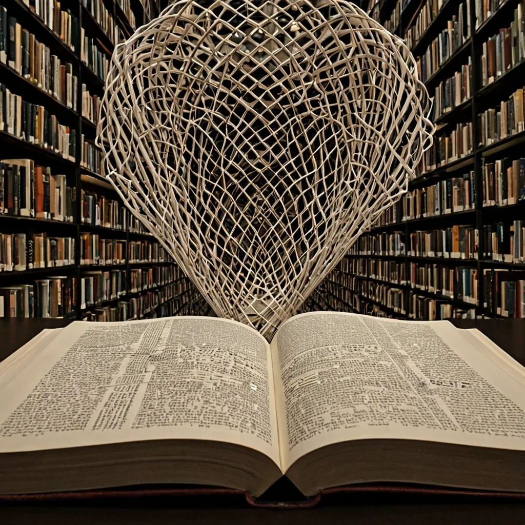 A single, selfilluminating lattice of reversed chronotropy, shaped like a fractalized, nonEuclidean net of suspended breath, pulses at the center of a vast, inverted library built from the compressed, unspoken words of a civilization that communicated through the duration of synchronized, silent reading of the same unwritten book. The lattice does not containit unreads, each pulse dissolving a layer of narrative that never coalesced into a shared meaning, reforming into ephemeral, obsidianthreaded afterimages shaped like the negative space between two fingers that never turned the same page in the same moment of mutual unreadness. The library is not textualit is a stratified expanse of petrified silence, each