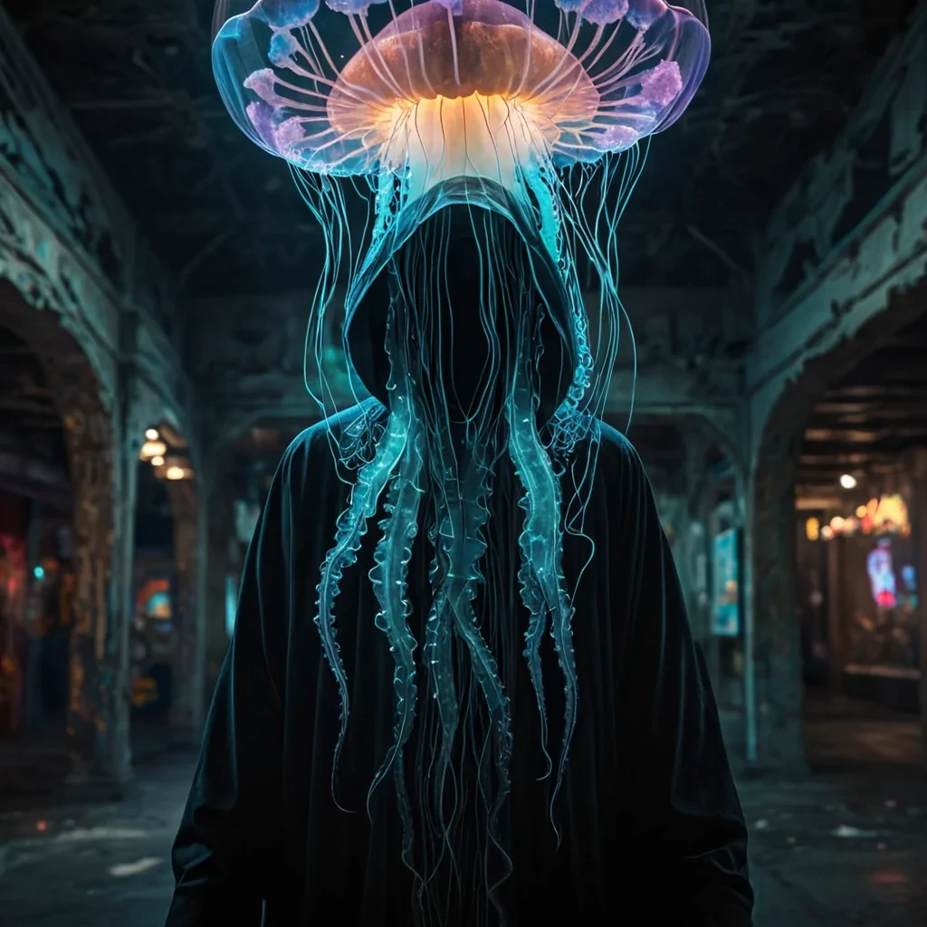 Photorealistic, Ultra HD portrait of a lone, sentient, neonlit holographic jellyfish, its ethereal form pulsating with intricate, bioluminescent fractal patterns, suspended in the heart of a vast, abandoned, neonlit arcade, with volumetric lighting casting dramatic shadows and emphasizing the jellyfishs dynamic, fluid movements, and a subtle, warm bokeh effect creating a sense of isolation and melancholy, as a spectral, ethereal figure, cloaked in a tattered, hooded robe, stands silently at the edge of the frame, their face obscured by shadows, adding an enigmatic, haunting touch to the otherwise abstract scene.