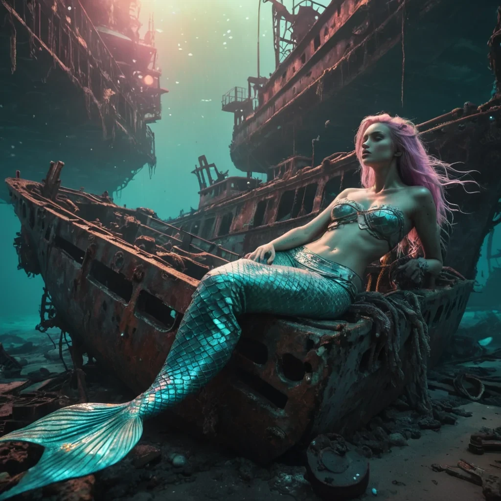 A melancholic, neonlit mermaid lounging on a rusted, abandoned shipwreck in a postapocalyptic underwater city, hyperrealistic, 4K, cinematic lighting, volumetric lighting, atmospheric effects, soft focus, pastel tones, detailed textures.