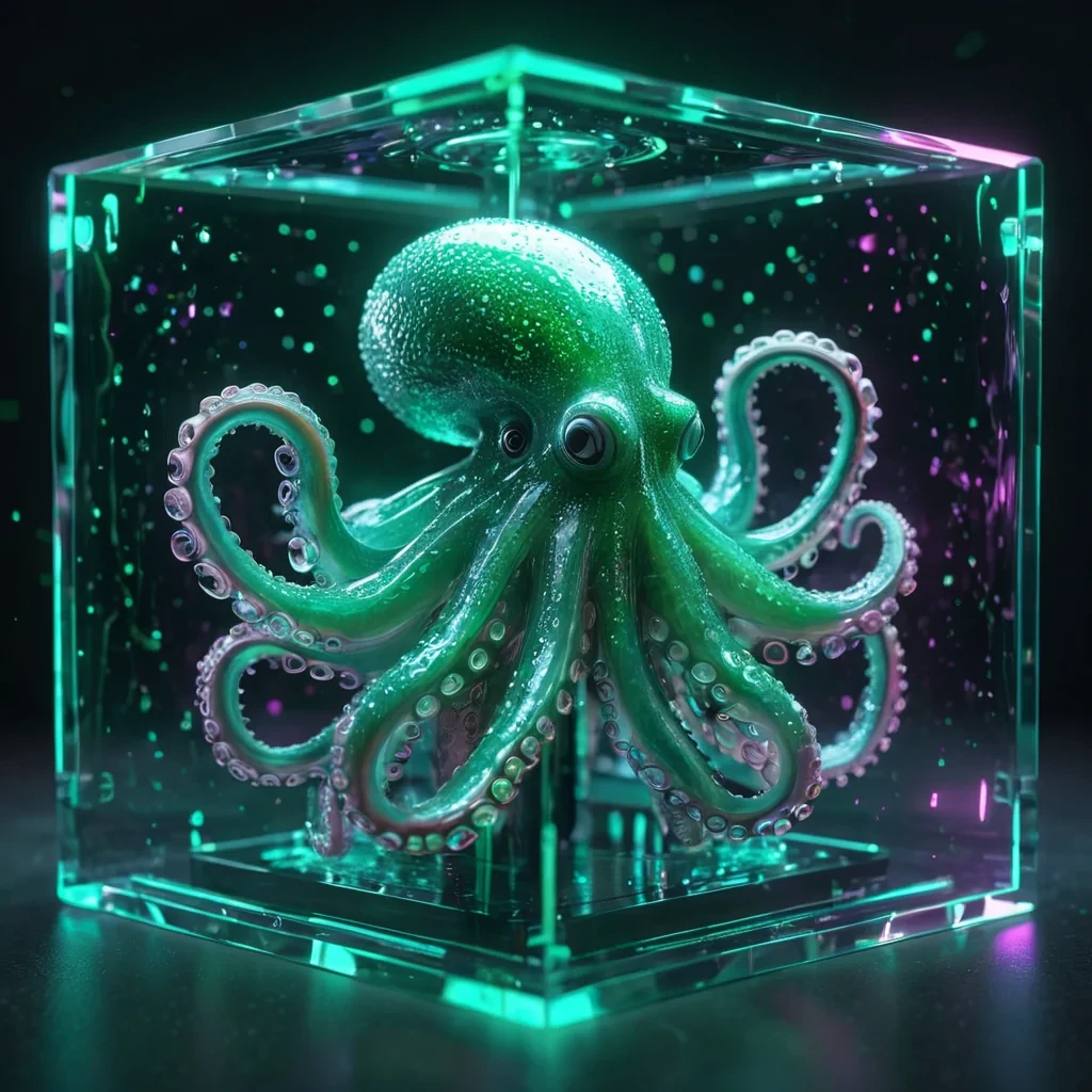 Hyperrealistic neon octopi with reflective metallic tentacles swirling in a cubic emerald chamber filled with iridescent quantum dew, holographic spirals twisting in volumetric lighting, soft focus, vibrant colors, 4K