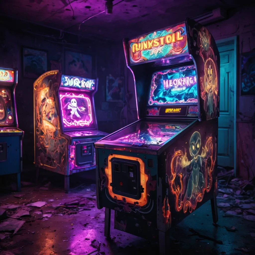 An abandoned, colossal, neonlit pinball machine, swallowed by a relentless, amethyst twilight, its vintage flippers casting eerie, flickering shadows. A lone, spectral figure, clad in a tattered, vintage arcade uniform, drifts through the desolate space, their form composed of swirling, pixelated ghosts. Ultra HD, dynamic volumetric lighting, atmospheric lens flare, vibrant neon colors.