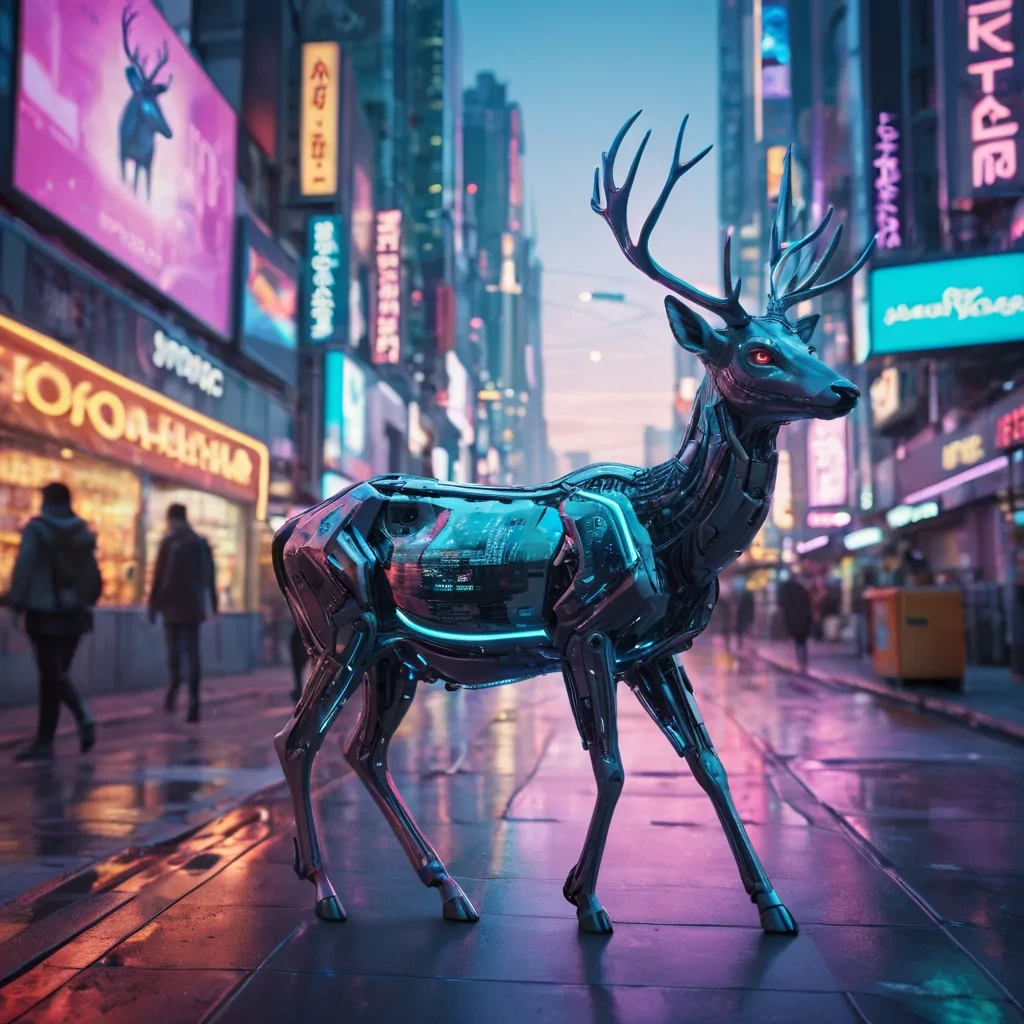 A lone, cybernetic deer wanders through a neonlit, futuristic metropolis at dusk, its eyes reflecting the holographic advertisements that float above the bustling streets, hyperrealistic, ultra HD, cinematic lighting, volumetric lighting, atmospheric effects, bokeh effect, soft focus, vibrant colors, detailed textures.