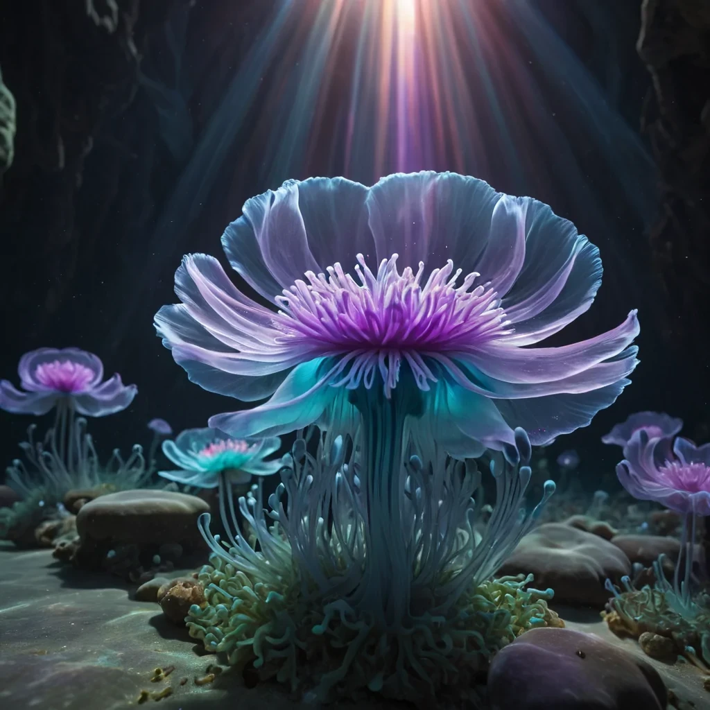 Photorealistic, colossal, iridescent, levitating, anemone cathedral, its hyperrealistic, 4K, diaphanous petals revealing ultra HD glimpses of a serene, bioluminescent, underwater world within. Volumetric lighting from unseen, pulsating, bioluminescent cores etches the cathedrals ethereal, fractal petals, casting intricate, dynamic, shimmering shadows on the inverted, reflective abyss. Cinematic lighting bathes the scene in vibrant, otherworldly hues, with lens flare emphasizing the cathedrals central, radiant, throbbing, anemone heart, pulsating with captive, aquatic, bioluminescent