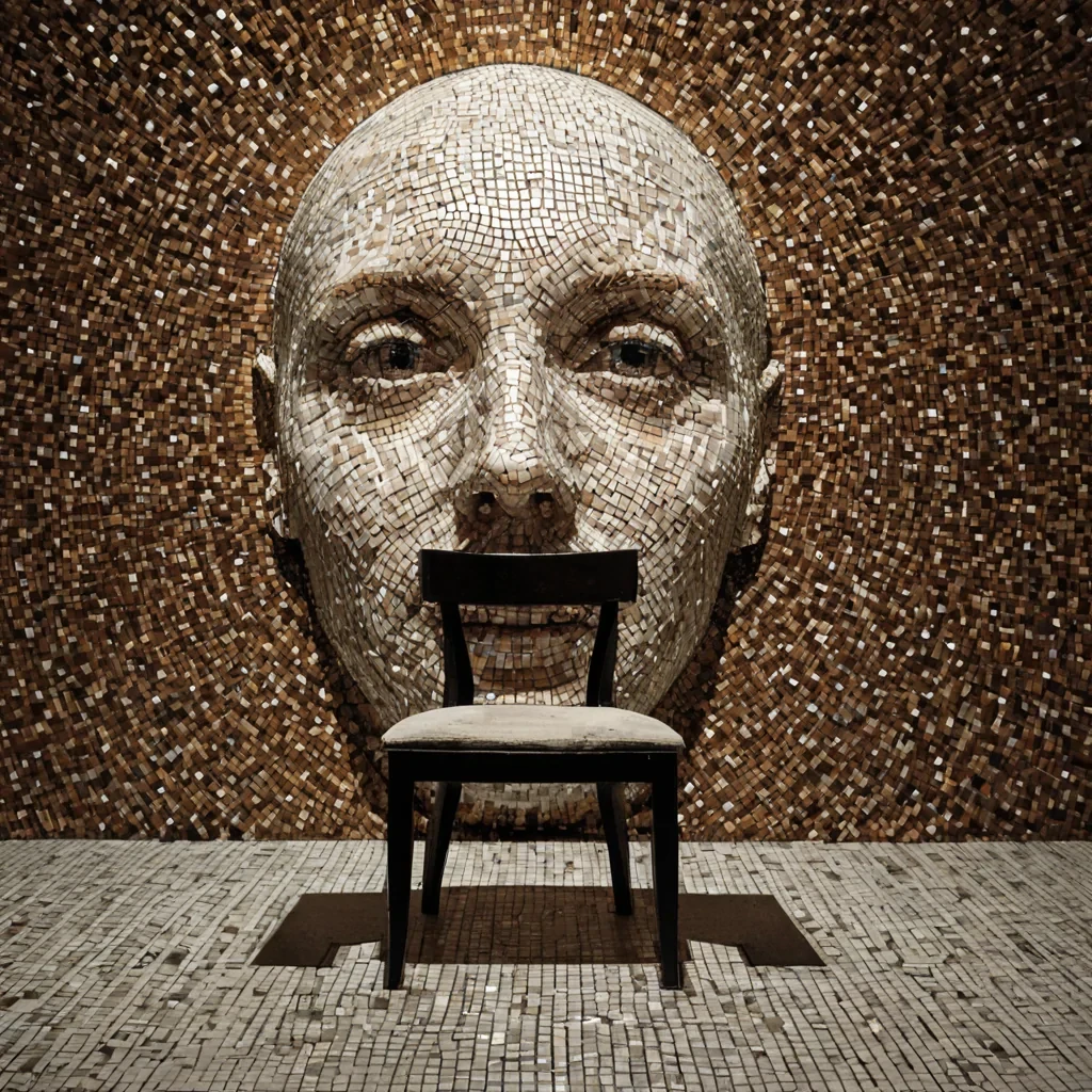 A single, selfreflecting mirror of reversed identity, shaped like a 4,001dimensional mosaic of unformed selfhood and inverted recognition, floats at the center of a vast, inverted theater of solidified applauseeach seat carved from the exact moment between a name being called and its refusal to be answered, a hand raised in celebration and dissolving into nonacknowledged stillness, a face turning toward the spotlight and collapsing into pure, unmeasured anonymity. The mosaic does not reflectit unreflects, each shimmering tile shedding a layer of personal potential that never coalesced into coherent presence, reforming into ephemeral, pearlthreaded afterimages shaped like the negative space between two mouths that never formed