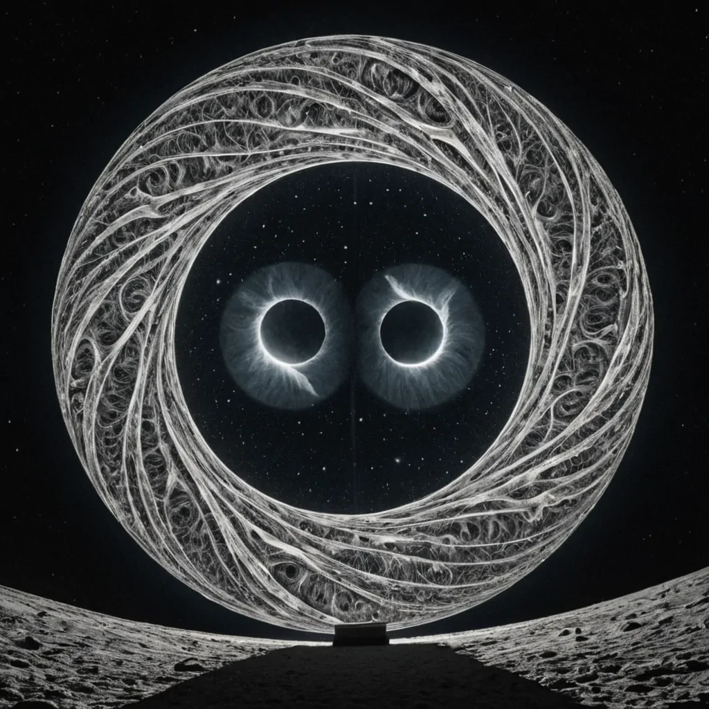 A single, selferoding thread of solidified moonlight, shaped like a fractal, nonreflective tangle of reversed lunar phase, pulses at the center of a vast, inverted observatory suspended in the gravitational limbo between two nonexistent moons. The thread does not illuminateit unglows, each twist dissolving a layer of silver that never coalesced into a visible night, reforming into ephemeral, ashblue afterimages shaped like the negative space between two eyes that never witnessed the same eclipse. The observatory is not astronomicalit is a layered expanse of petrified absence, each dome etched with the photonic residue of a moment that was never seen, its lenses filled with the static of a