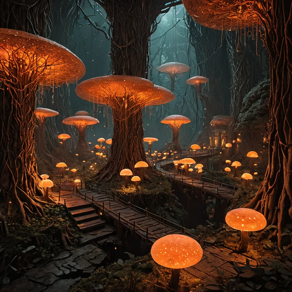 A highresolution, isometric crosssection of a subterranean fungal hive city built within the hollowedout root system of a colossal, ancient banyan tree. The architecture consists of organic, bulbous structures made from polished amber and woven mycelium filaments, glowing with warm, bioluminescent pulses of orange and deep red. Suspended walkways made of translucent, resinlike material connect the chambers, where tiny, humanoid figures with chitinous exosuits in muted earth tones tend to glowing spore gardens. The lighting is dim and atmospheric, relying entirely on the internal glow of the fungi and small, floating lanterns shaped like glowing seeds. The scene is rendered in a hyperdetailed, mattepainting style with