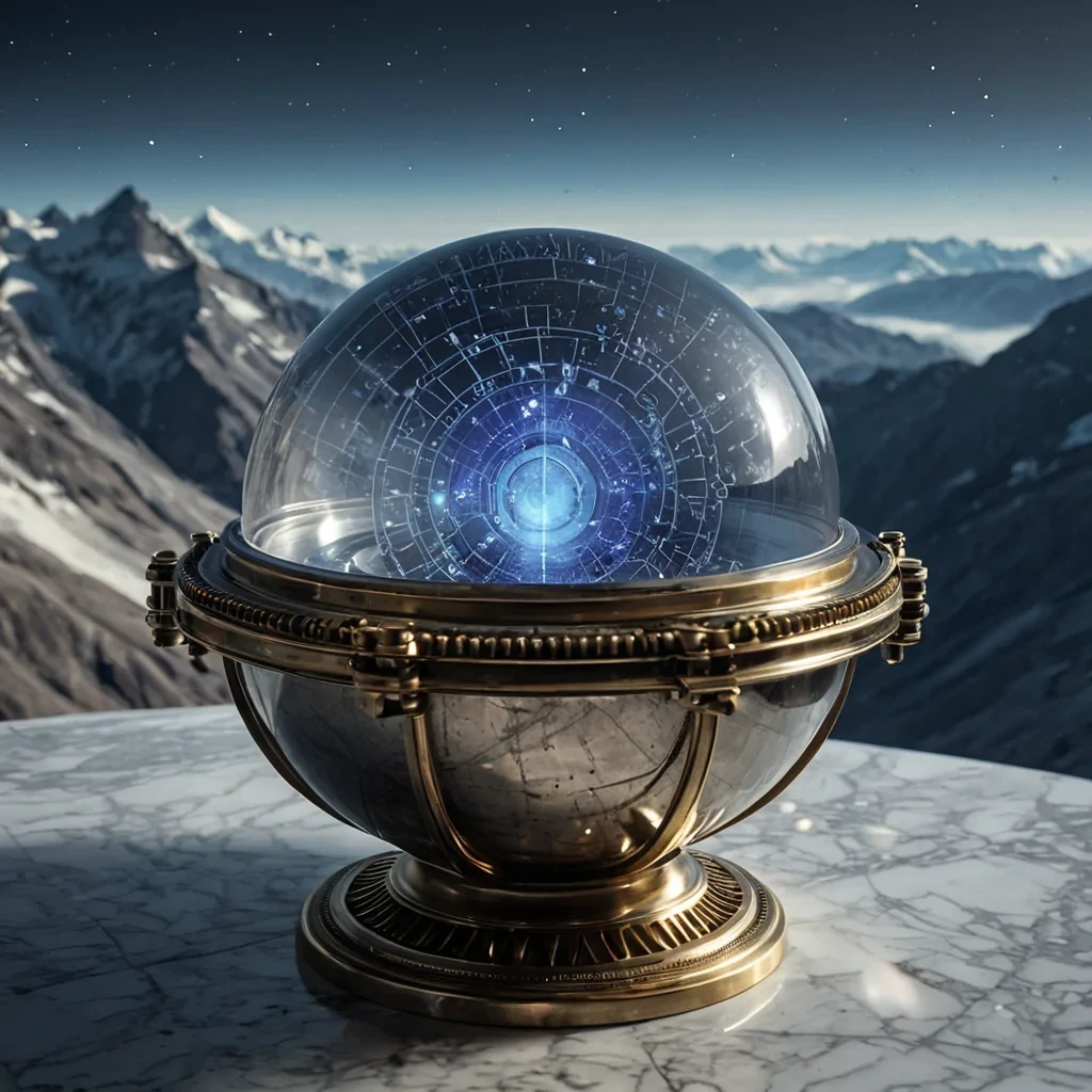 A photorealistic, macro perspective shot of a tranquil, highaltitude plateau composed entirely of polished, mattewhite marble tiles arranged in a perfect, endless grid. Hovering just above the surface is a solitary, spherical vessel crafted from hammered silver, its surface dented and textured like a meteorite, emitting a steady stream of translucent, glowing steam that dissipates into the thin, crisp air. Inside the open hatch of the sphere, a small, intricate clockwork mechanism made of brass gears and crystal lenses spins slowly, projecting a holographic map of a star chart in soft, cool blue light. The background features a dramatic, layered mountain range shrouded in mist, rendered in muted shades of slate gray and dusty lavender under a bright,