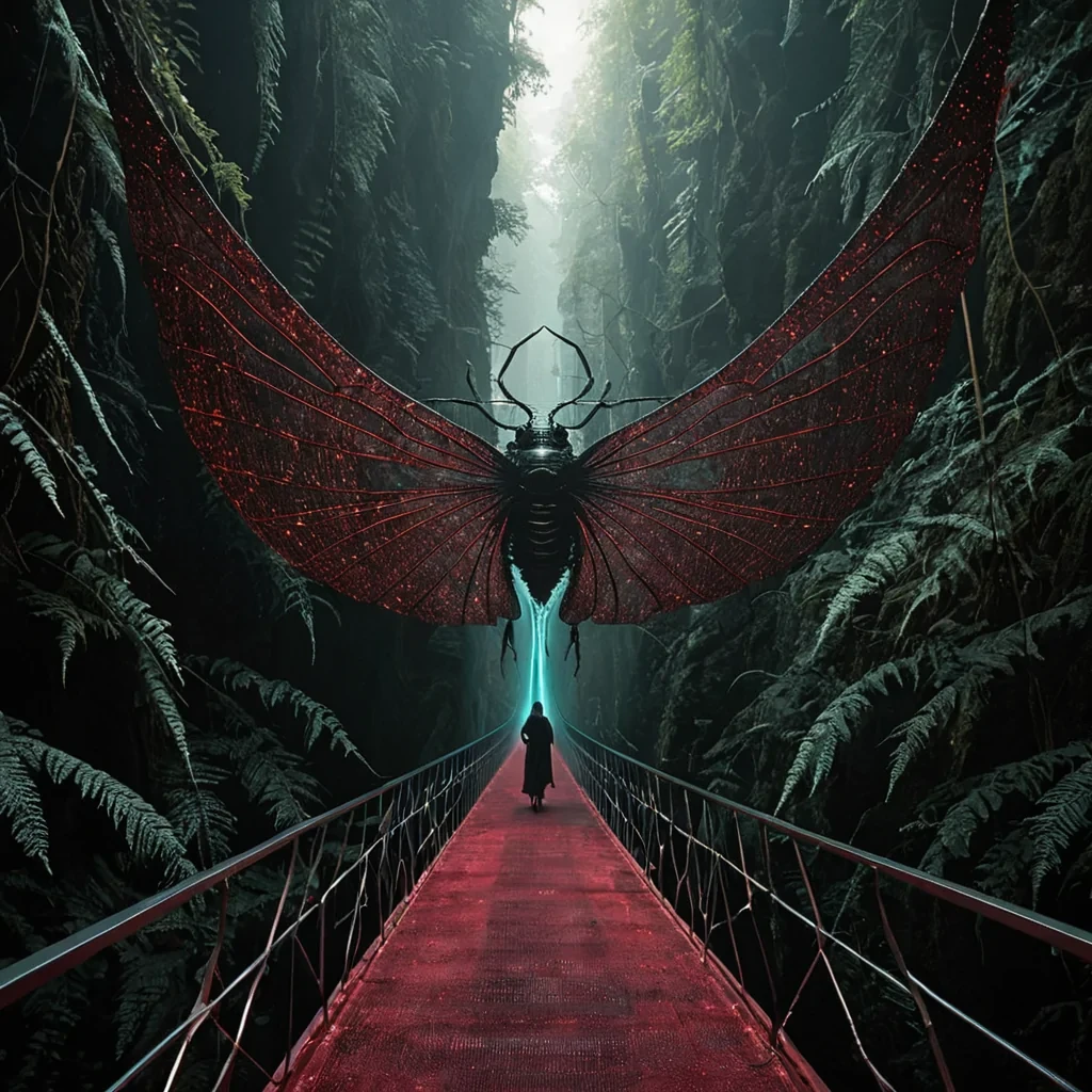 A hyperrealistic, wideangle shot of a colossal, suspended bridge spanning a chasm of deep, dark red velvet dust. The bridge is not made of metal or stone, but of thousands of tightly wound, interlaced bundles of dried, silverleafed ferns, twisted into a helical structure that glows with a faint, bioluminescent teal pulse at the center of each bundle. Walking across the bridge is a solitary figure dressed in a coat made of sheer, shimmering, iridescent chitin plates that resemble beetle wings, catching the ambient light with sharp, prismatic refractions. The figure carries a long, slender staff made of polished, black volcanic glass, which ends in a delicate, crystalline