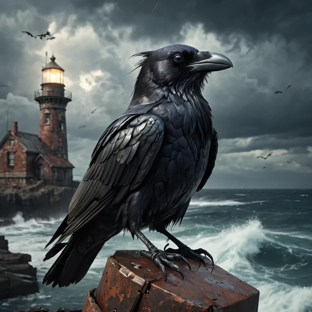 A photorealistic, 4K portrait of a lone, sentient, mechanical raven perched on the edge of a crumbling, ancient lighthouse, overlooking a stormy, turbulent sea, with dynamic lighting casting harsh shadows on its metallic feathers and emphasizing its intricate, steampunkinspired design, and a subtle, cool bokeh effect creating a sense of isolation and melancholy.