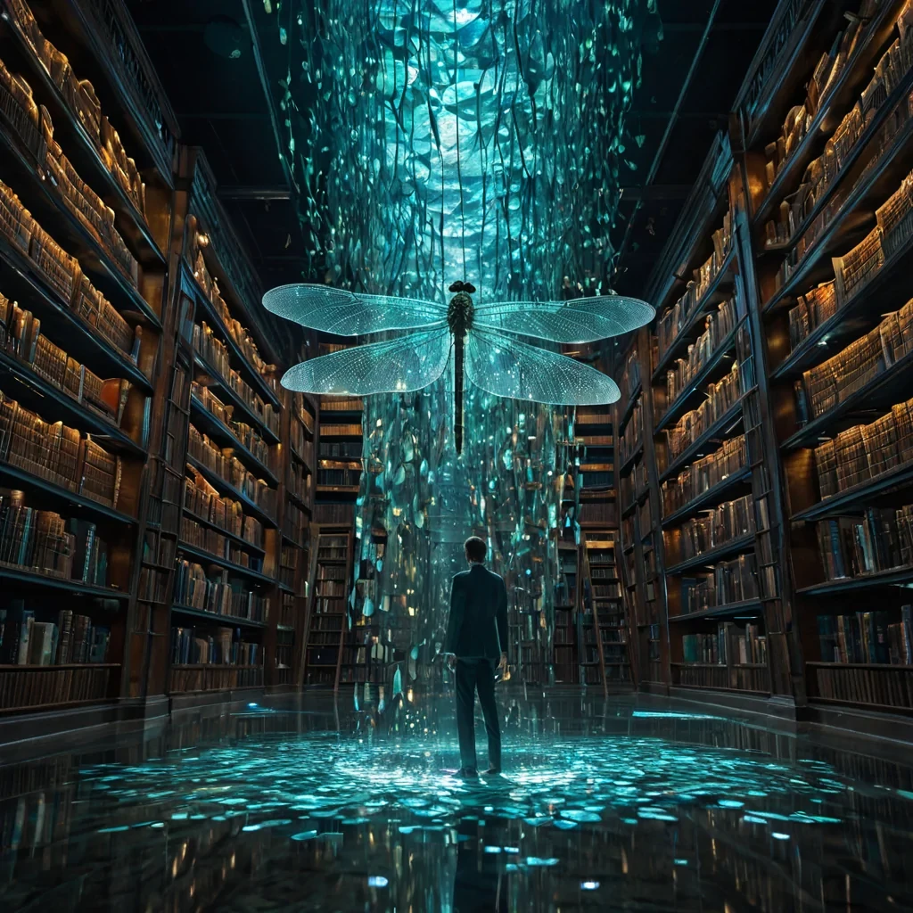 A vertical, highresolution shot of a colossal, translucent library constructed from layers of compressed, iridescent dragonfly wings, suspended in a void of swirling, deepsea bioluminescence. The books are not paper but solidified beams of coherent light, stacked in floating, geometric pyramids that drift slowly through the waterlike atmosphere. In the foreground, a solitary figure wearing a suit of woven, metallic kelp and polished coral navigates the space on a hoverdisc made of clear, amber resin. The lighting is ethereal and directional, casting long, rippling shadows that mimic the movement of currents, while particles of glowing plankton float around the lightbeams, creating a sense of depth and motion. The color palette is dominated