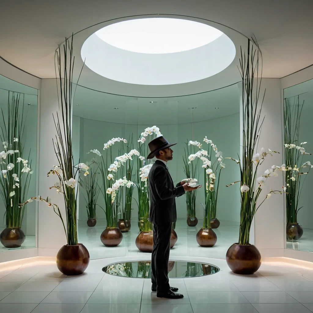 A horizontal, eyelevel medium shot of a tranquil, suspended garden within a colossal, vertical shaft of frosted glass, where the floor is a seamless expanse of smooth, white porcelain tiles that reflect the soft, diffused light from above. The walls are lined with thousands of delicate, ceramic vases in varying sizes, each holding a single, vibrant bloom of bioluminescent orchids that pulse with a gentle, rhythmic glow. In the center, a figure wearing a tailored suit of iridescent silk and a widebrimmed hat made of woven reeds stands before a large, floating mirror frame constructed from polished mahogany and brass, adjusting a tiny, mechanical hummingbird with gears for eyes that hovers near their shoulder.