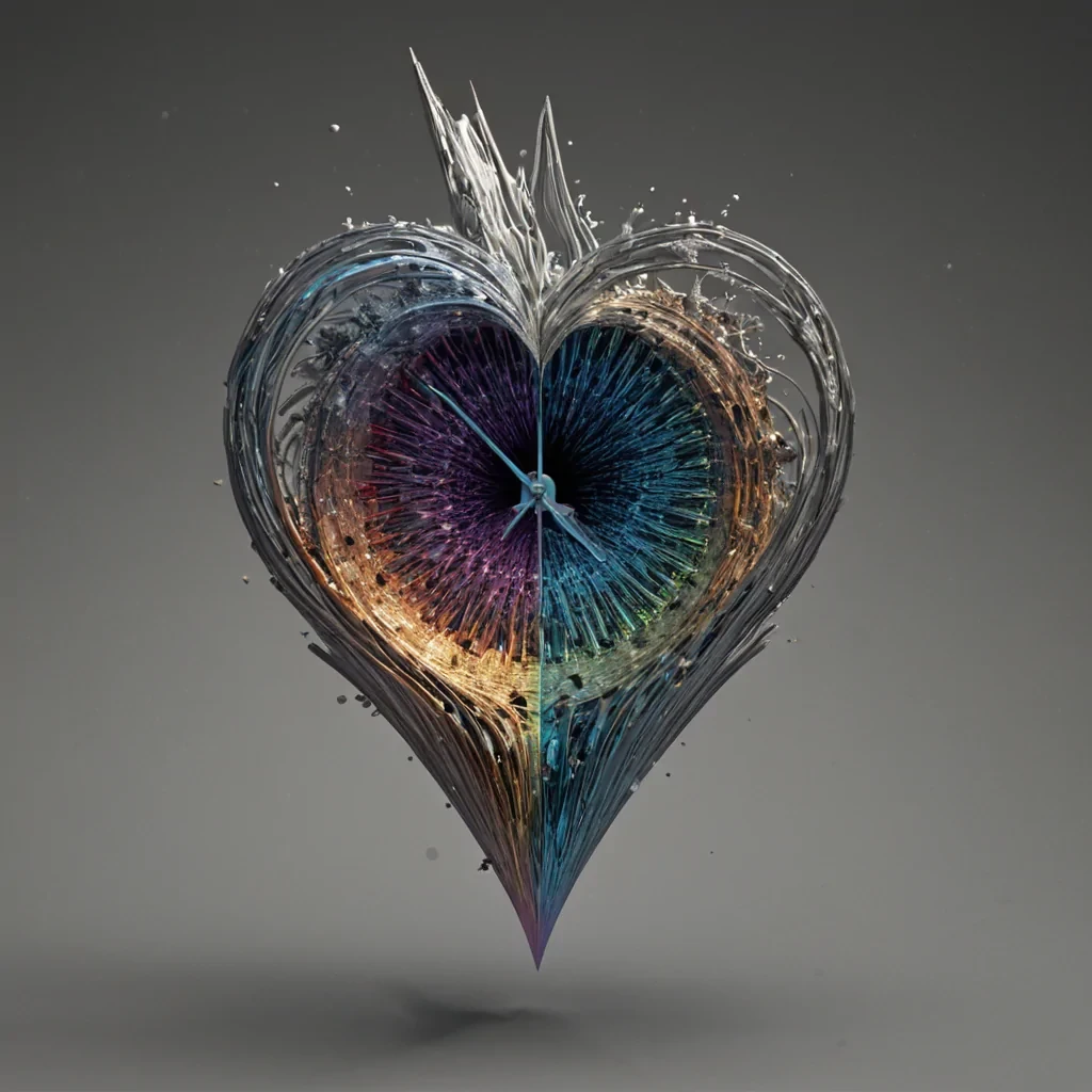 A single, selfresonating shard of reversed time, shaped like a 17,301dimensional ripple of unformed chronology and inverted causality, hovers at the center of a vast, inverted clockwork of solidified stasis  each gear forged from the exact moment between a second ticking forward and its refusal to pass, a heartbeat aligning with the cosmos and dissolving into nontemporal stillness, a decision forming in the mind and collapsing into pure, unmeasured nonaction. The shard does not measure duration  it unmeasures it, each vibrating filament shedding a layer of temporal potential that never coalesced into linear progression, reforming into ephemeral, iridescent dust that drifts like forgotten