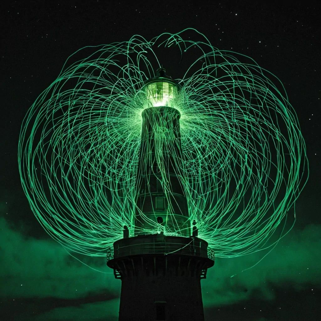 A single, selfilluminating tangle of bioluminescent thread unravels from the center of a floating, inverted lighthouse built from the fused remains of a thousand unlit matches that never sparked, its strands not fibrous but spun from the thermal afterimage of a single, forgotten breath held just before a flame was never lit. The thread does not glowit unglows with each pulse, retracting a millennium of potential combustion into its core, condensing into a dense, emerald knot that hums with the harmonic resonance of a spark that never ignited. The lighthouses lantern room is not glassit is a hollowedout sphere of petrified anticipation, each pane etched with the chromatic afterimage