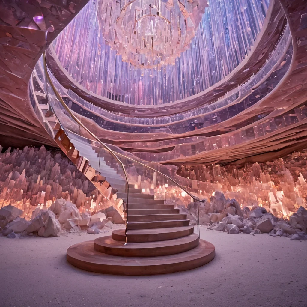 A horizontal, eyelevel wide shot of a vast, crystalline desert where the ground is composed of millions of tiny, faceted prisms in varying shades of pale rose quartz and milky opal, each reflecting a different hue of a twilight sky that transitions from deep violet to soft peach. Rising from the center of this geometric dunescape is a colossal, spiral staircase made entirely of translucent, frosted glass rails and floating, levitating steps of polished mahogany that defy gravity, curving upward into a massive, suspended ring of interlocking copper gears that rotate slowly. In the foreground, a figure wearing a sleek, highfashion ensemble constructed from layered, iridescent silk panels in shades of silver and gold stands on one of the floating