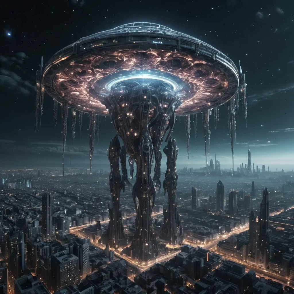 Photorealistic, Ultra HD, colossal, ancient, cinematic, levitating, crystalline colossus, its detailed, fractal surface adorned with intricate, 4K, neonlit filigree, hovers silently over a desolate, alien, neonlit metropolis. The colossus massive, volumetric, antigravity engines cast intricate, atmospheric shadows across the urban landscape, while its powerful, cinematic searchlights, crafted from swirling, neonlit vortexes, illuminate the distant, swirling galaxies, creating a soft, ethereal bokeh effect that dances with the scenes lens flare, as the rhythmic, atmospheric calls of unseen creatures echo through the thin, atmospheric air.