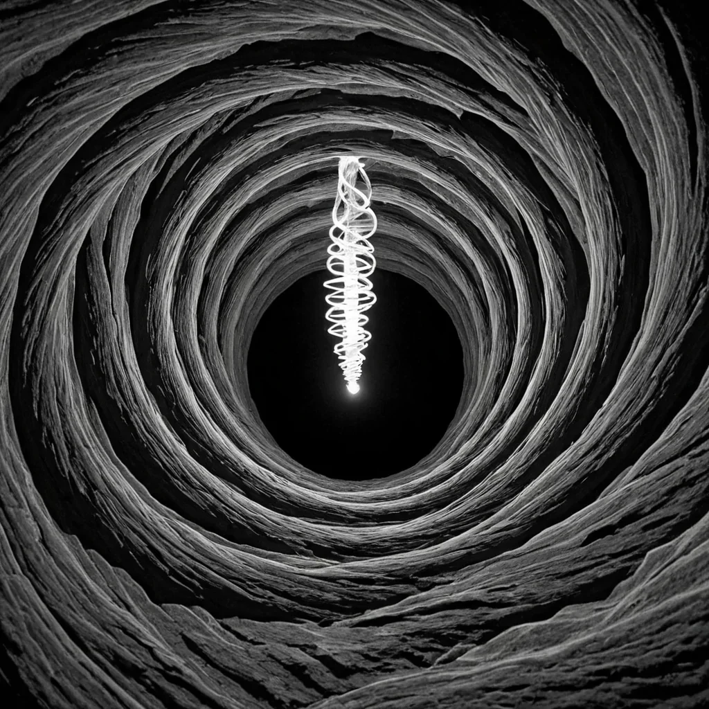 A single, selfilluminating filament of reversed light, shaped like a 29dimensional helix of unformed photons and inverted refraction, drifts through the center of a vast, inverted void of solidified darknesseach shadow carved from the petrified instant between a glance and its misdirection, a thought and its suppression, a spark and its containment in a universe where visibility was not achieved through emission, but through the precise, suspended negation of all that could be seen. The filament does not glowit unshines, each spiraling strand shedding a layer of luminous potential that never coalesced into a shared spectrum, reforming into ephemeral, amethystthreaded afterimages shaped like the negative space between