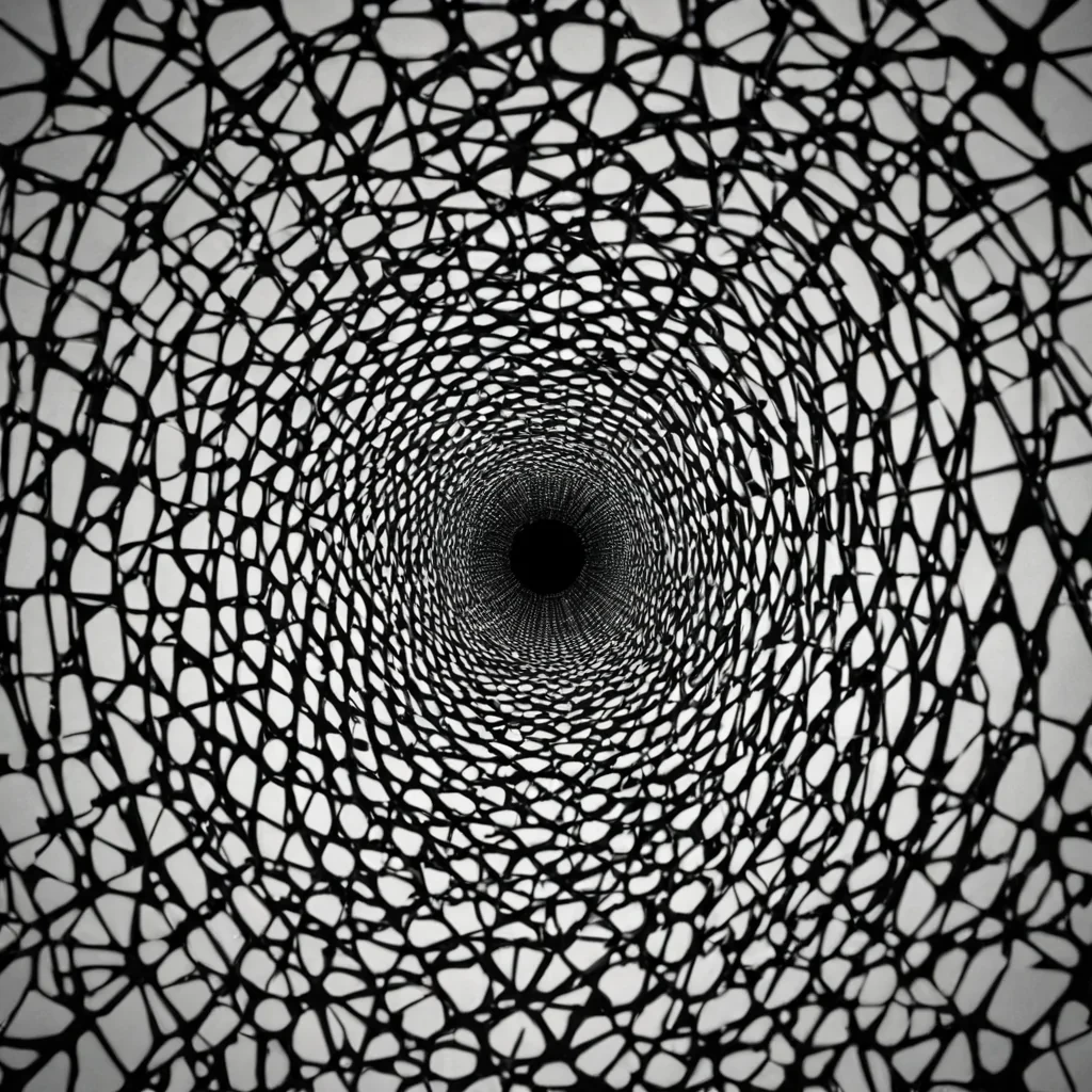 A single, selfilluminating lattice of reversed perception, shaped like a 403dimensional web of unformed sight and inverted awareness, drifts through the center of a vast, inverted observatory of solidified blindnesseach lens fractured at the exact moment between an eye focusing and its refusal to see, a reflection forming and its sudden collapse into pure shadow, a starburst captured and its unraveling into nonluminous void. The lattice does not perceiveit unperceives, each shimmering filament shedding a layer of visual potential that never coalesced into a shared gaze, reforming into ephemeral, chrysoprasethreaded afterimages shaped like the negative space between two pupils that never dilated in unison
