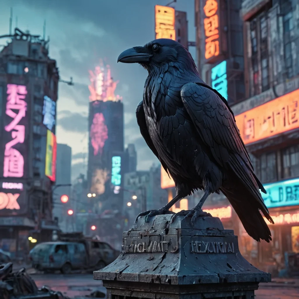 A lone, cybernetic raven perched on a weathered, neonlit statue in a postapocalyptic cityscape, with holographic advertisements flickering in the background, hyperrealistic, 4K, cinematic lighting, volumetric lighting, atmospheric effects, dynamic lighting, bokeh effect, soft focus, lens flare, vibrant colors, detailed textures.
