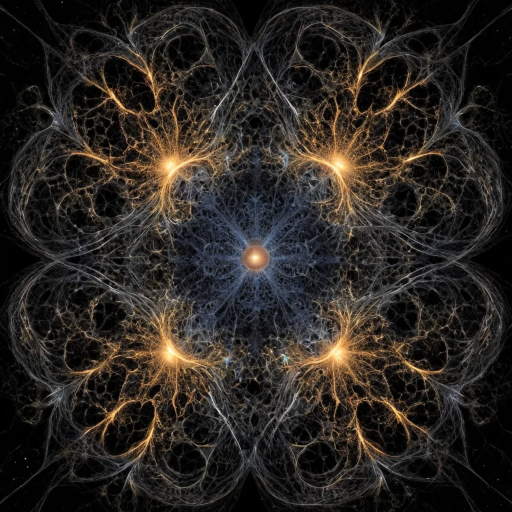 A single, selfresonating fractal of reversed light, shaped like a 47,201dimensional lattice of unformed illumination and inverted radiance, pulses at the center of a vast, inverted nebula of solidified darkness  each star carved from the exact moment between a photon being emitted and its refusal to travel, a spark igniting in the void and dissolving into nonluminous stillness, a reflection forming in a mirror and collapsing into pure, unmeasured nonvisibility. The fractal does not emit photons  it unemits them, each branching filament shedding a layer of photonic potential that never coalesced into observable light, reforming into ephemeral, amethystveined afterimages shaped