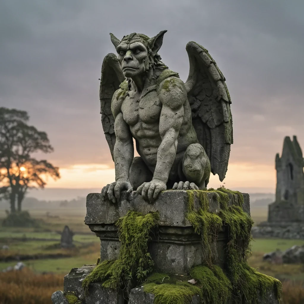 A lone, ancient stone statue of a gargoyle perched on a crumbling, mosscovered ruin, overlooking a sprawling, fogladen marsh at dawn, hyperrealistic, 8K, cinematic lighting, volumetric lighting, atmospheric effects, dynamic lighting, bokeh effect, soft focus, lens flare, muted greys, earthy browns, and rustic oranges, detailed textures.