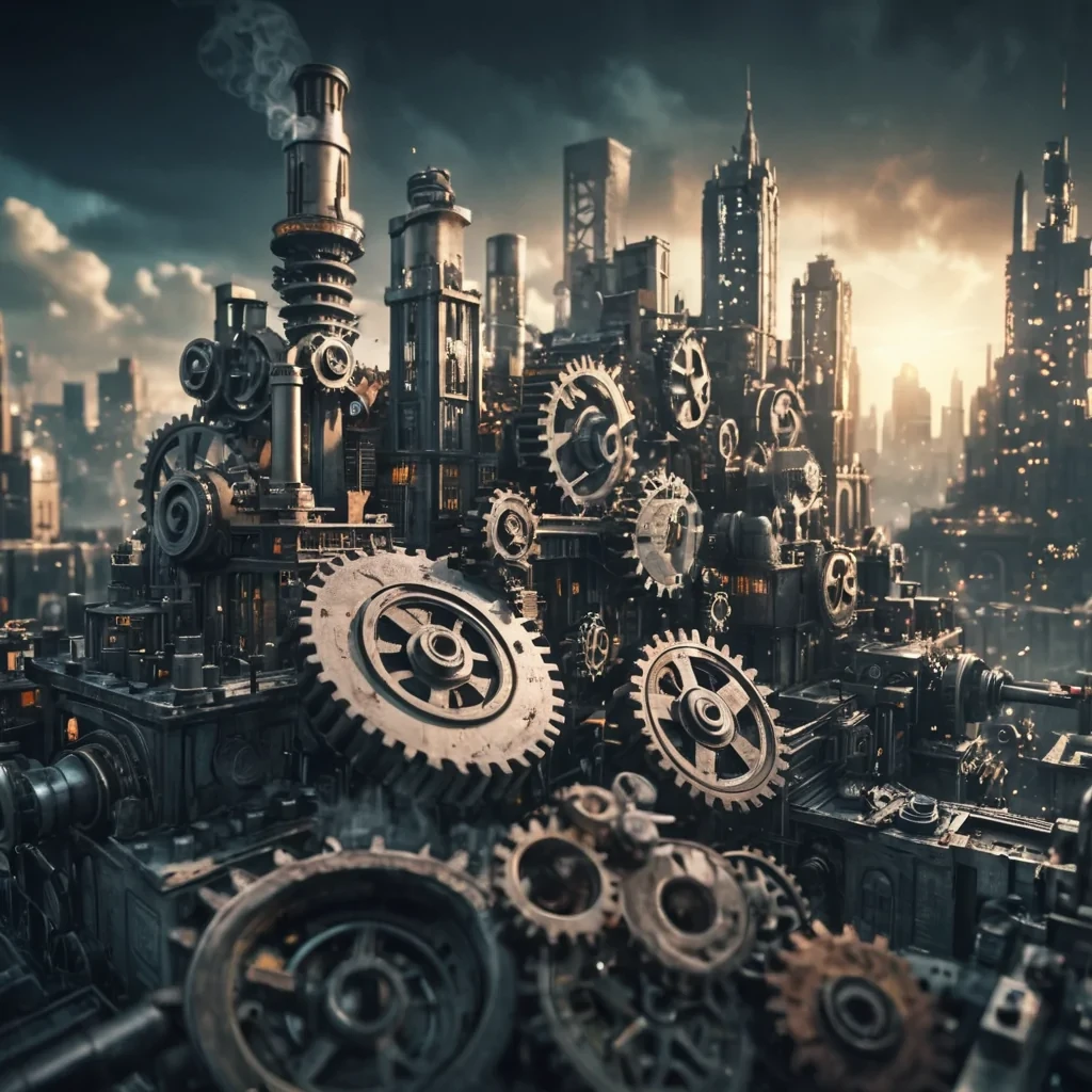 A sprawling metropolis where buildings are colossal, interlocking gears, steaming with industrial might, hyperrealistic, ultra HD, cinematic lighting, volumetric lighting, atmospheric effects, dynamic lighting, bokeh effect, soft focus, lens flare, metallic tones, detailed textures.