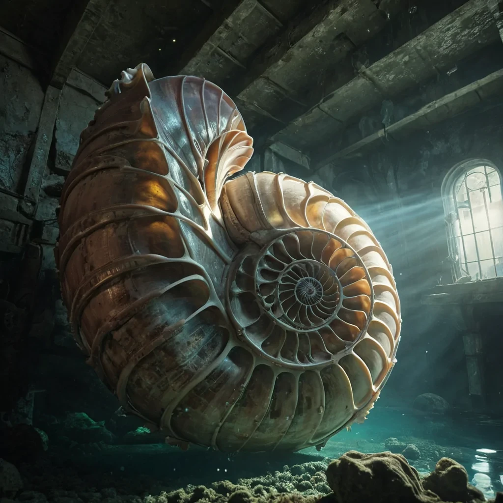 In the heart of a hyperrealistic, abandoned, subterranean aquaculture facility, a colossal, ancient, mechanical nautilus shell, intricately detailed and textured, awakens from its slumber. Volumetric lighting from unseen sources casts dramatic shadows, as the nautilus colossal, cinematic lens scans the crumbling, labyrinthine architecture. Atmospheric water vapor swirls in the soft, pastel glow, while lens flare from a distant, flickering biolume accentuates the nautilus enigmatic, otherworldly gaze.