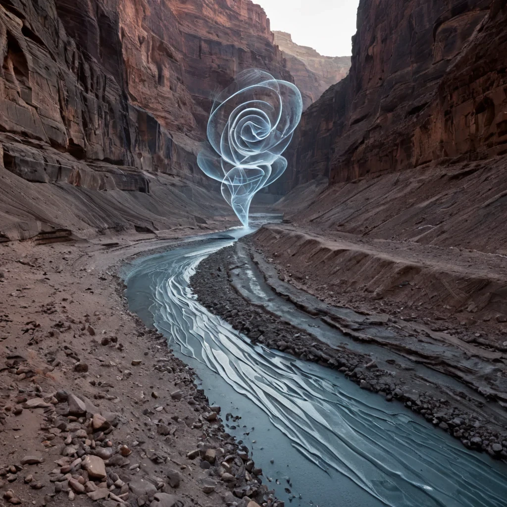 A single, selforganizing swarm of crystalline dust particles dances in a slow, counterclockwise spiral above a vast, frozen river of liquid mercury that flows uphill through a canyon carved from solidified sound waves. The dust is not inertit pulses with the residual resonance of a symphony played in reverse by a choir of voices that never existed, each particle refracting light into fleeting, impossible colors that mimic the emotional spectrum of a memory that never formed. The river does not reflectit absorbs, each ripple distorting the sky into a kaleidoscope of inverted constellations, their patterns shifting with the breath of a wind that only exists in the space between two unspoken words. The canyon walls are not rockthey are layered strata