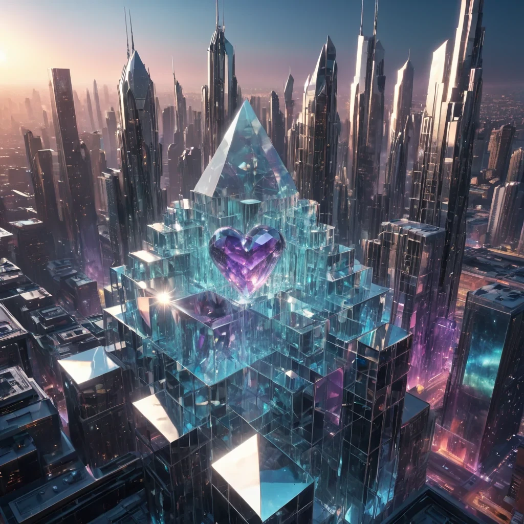 Photorealistic, colossal, suspended, iridescent, crystal lattice metropolis, its hyperrealistic, 4K, geometric structures refracting ultra HD light, casting intricate, dynamic, prismatic shadows on the mirrored, frostkissed void. Volumetric lighting etches the citys ethereal, geodelike towers, while atmospheric effects create a mesmerizing, nebulakissed haze. Cinematic lighting bathes the scene in vibrant, otherworldly hues, with lens flare emphasizing the citys central, radiant, pulsating, crystal heart, throbbing with captive, alien energy.