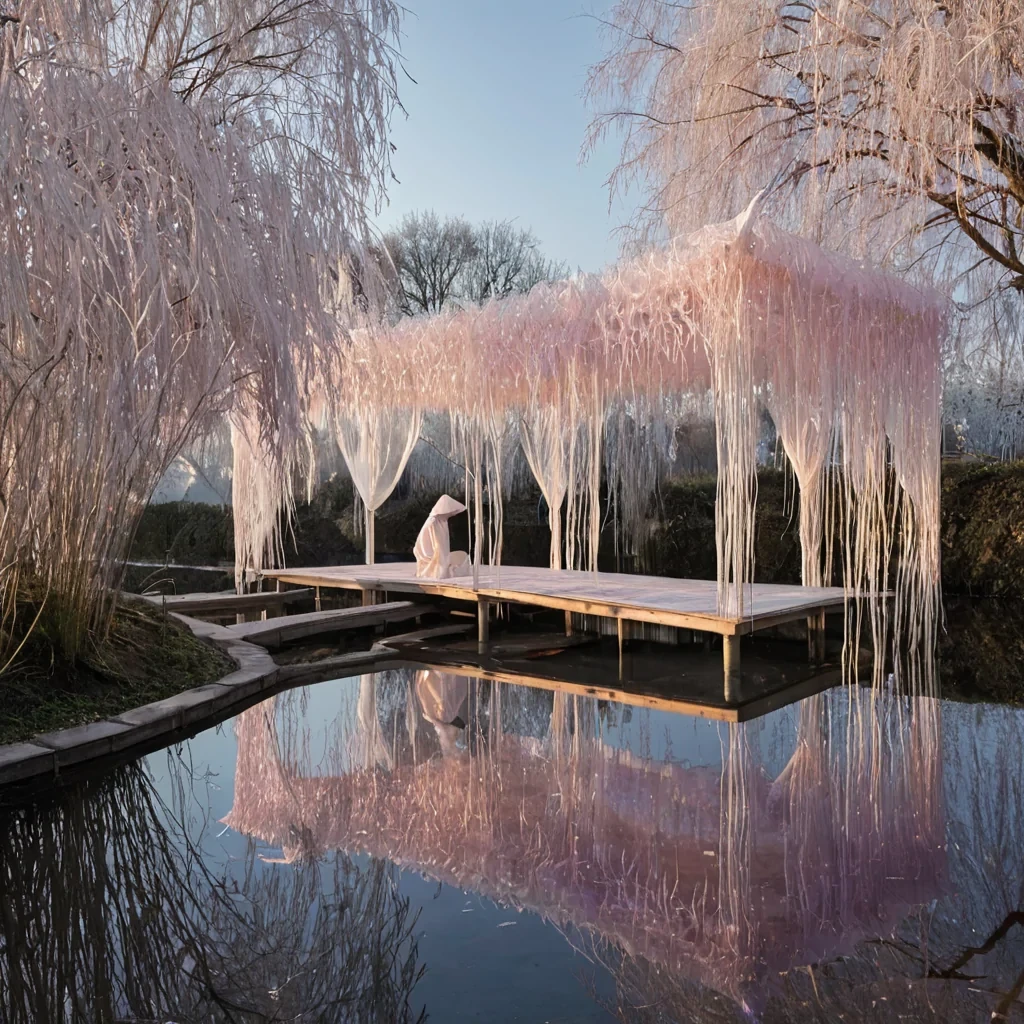 A horizontal, eyelevel wide shot of a vast, sundrenched terraced landscape carved from layers of vibrant, iridescent motherofpearl shells, creating a shimmering, nacreous topography that reflects the sky in shifting pastel hues. Winding through the terraces are narrow canals filled with clear, still water that acts as a perfect mirror for the surrounding architecture. Floating above the water on silent, antigravitic platforms are delicate, skeletal pavilions constructed from woven white willow branches and translucent silk canopies that billow gently in the breeze. In the foreground, a figure wearing a structured, asymmetrical kimono made of layered, semisheer organza in gradients of peach and lavender stands on