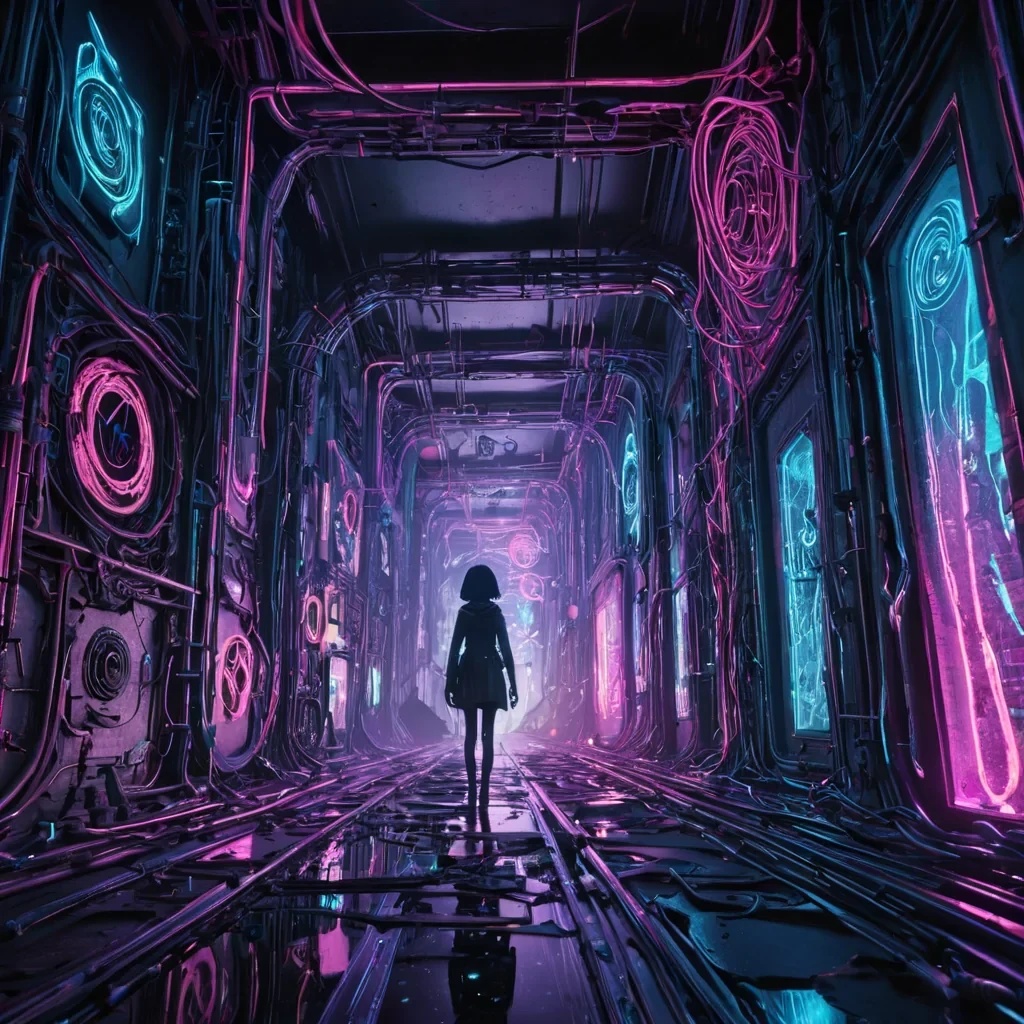Photorealistic, monolithic, coraline, urban labyrinth, its hyperrealistic, 4K, intricate, branching structures revealing ultra HD glimpses of a bustling, neondrenched, cyberpunk world within. Volumetric lighting from unseen, pulsating, neon sources etches the citys ethereal, fractal towers, casting intricate, dynamic, cybernetic shadows on the mirrored, iridescent void. Cinematic lighting bathes the scene in vibrant, neon hues, with lens flare emphasizing the citys central, radiant, throbbing, coraline heart, pulsating with captive, alien, cybernetic energy.