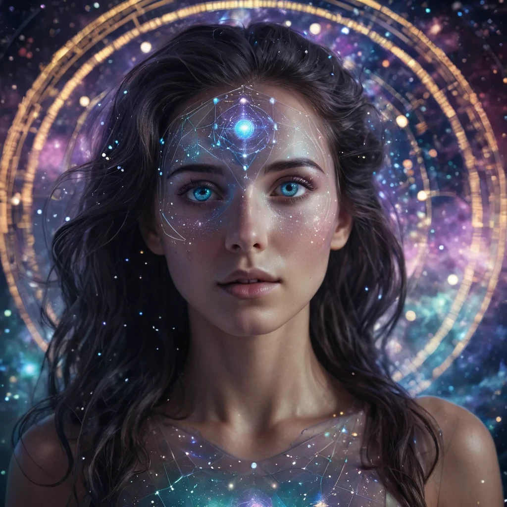 A hyperrealistic, 4K, ultra HD portrait of a celestial navigator, her skin shimmering with the iridescent hues of a nebula. The navigators eyes, a deep, enigmatic opal, hold the secrets of a thousand cosmic charts. Her hair, a cascade of shimmering, holographic constellations, gently pulses with each beat of her astral heart. The background is a surreal, hightech observatory filled with floating, selfassembling astrolabes and the soft glow of quantum starfinders. Cinematic lighting accentuates the navigators otherworldly beauty, while a subtle bokeh effect blurs the neonlit cosmos, creating an intimate, focused atmosphere.