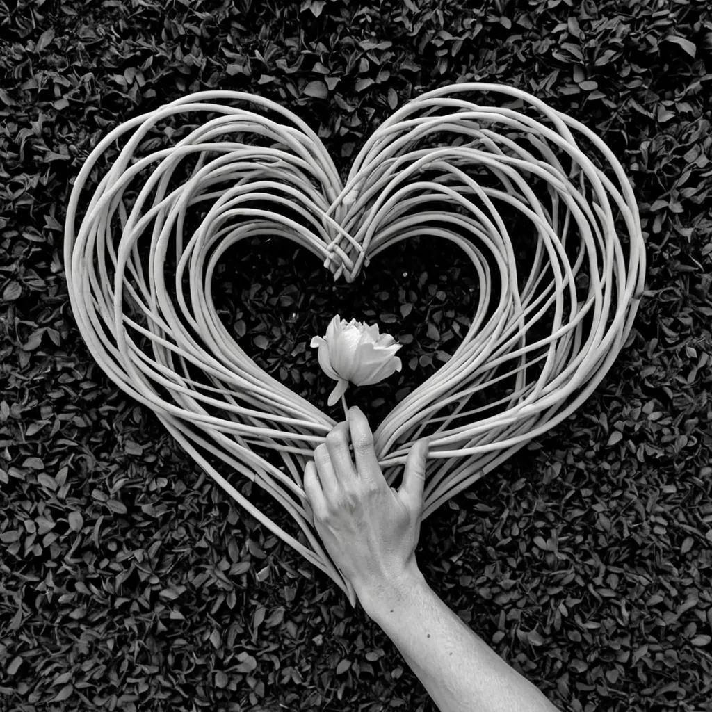 A single, selfrewriting tangle of reversed empathy, shaped like a 413dimensional knot of unformed connection and inverted resonance, pulses at the center of a vast, inverted garden of solidified isolationeach petal carved from the exact moment between a hand reaching out and its refusal to be met, a tear falling and its sudden dissolution into dry air, a heartbeat syncing with another and its unraveling into asynchronous silence. The tangle does not feelit unfeels, each trembling strand shedding a layer of emotional potential that never coalesced into a shared understanding, reforming into ephemeral, rosequartzthreaded afterimages shaped like the negative space between two hearts that never beat in the same rhythm, suspended in