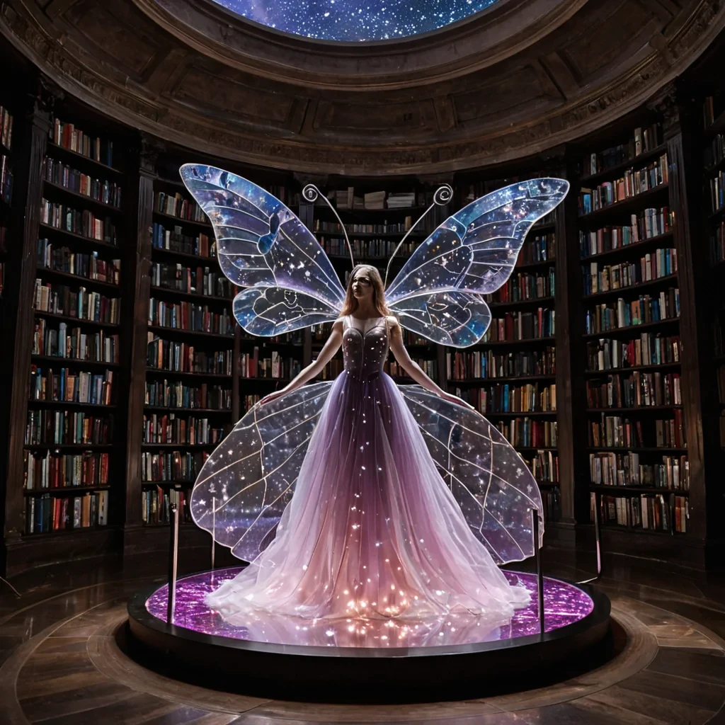 A horizontal, eyelevel medium shot of a surreal, floating library built inside the hollowedout shell of a colossal, polished pearl. The interior walls curve smoothly upwards, composed of iridescent nacre that shifts in hues of soft pink, pale lavender, and creamy white. Instead of books, thousands of delicate, translucent butterflies made of stained glass and thin silver wire are pinned to the curved surfaces, their wings displaying intricate, glowing constellations. The floor is a seamless expanse of dark, reflective obsidian that mirrors the celestial patterns above. In the center, a solitary figure wearing a flowing, translucent gown made of gossamer silk stands on a small, circular platform of floating, golden rings. The lighting is ethereal and diffuse