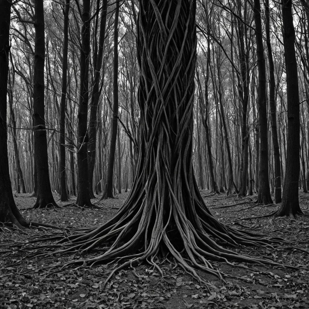 A single, selfluminescent filament of reversed silence, shaped like a 17,342dimensional braid of unformed stillness and inverted quiet, drifts through the center of a vast, inverted forest of solidified motion  each tree carved from the exact moment between a leaf unfurling and its refusal to grow, a shadow stretching across the ground and dissolving into nondirectional darkness, a breeze brushing the canopy and collapsing into pure, unmeasured nonwind. The filament does not contain silence  it uncontains it, each fraying strand shedding a layer of potential quiet that never coalesced into perceptible absence, reforming into ephemeral, obsidianthreaded afterimages shaped like the negative