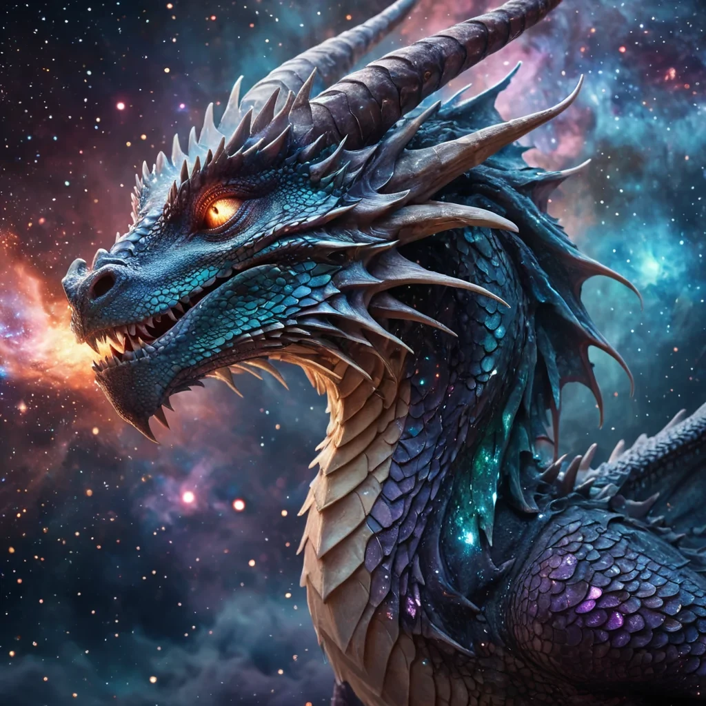 A hyperrealistic, 4K, ultra HD portrait of a celestial dragon, its scales shimmering with the iridescent hues of a nebula. The dragons eyes, a molten silver, hold the essence of cosmic power. Its wings, a cascade of starlight and cosmic dust, gently flutter with an otherworldly grace. The background is a surreal, stardustinspired landscape of swirling, ethereal hues, with distant galaxies and cosmic phenomena casting a soft, celestial glow. Cinematic lighting accentuates the dragons majestic features, while a subtle bokeh effect blurs the cosmic backdrop, creating an enchanting atmosphere.