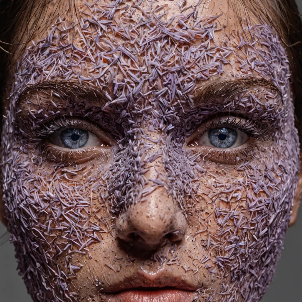 A hyperrealistic, closeup portrait of a human face that appears to be composed entirely of tightly compressed, dried lavender buds and fine, silverwhite ash. The eyes are not lenses but deep, hollow cavities filled with swirling, slowmoving water that reflects a distant, burning sun in shades of burnt orange and deep crimson. The skin texture is dry and matte, with visible cracks revealing layers of soft, pastel pink clay beneath the grey surface. The hair is a cascade of thin, translucent threads of spun glass that catch the light, refracting prismatic colors of violet and pale blue. The background is a stark, seamless void of deep, velvety black, creating a highcontrast, dramatic effect. The lighting is soft and diff