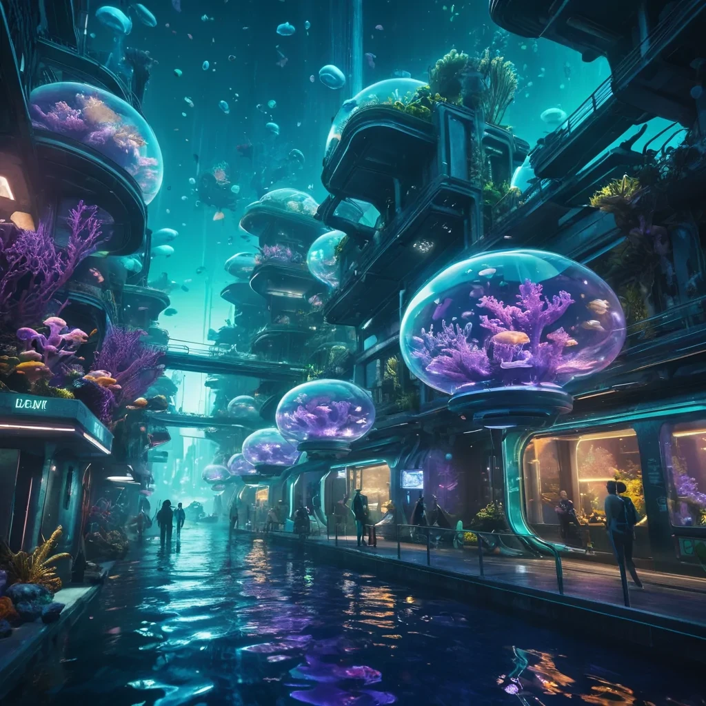 A futuristic underwater city with bioluminescent coral architecture, where inhabitants ride transparent levitating pods through vibrant, illuminated streets, hyperrealistic, 8K, cinematic lighting, volumetric lighting, atmospheric effects, dynamic lighting, bokeh effect, soft focus, lens flare, vivid blues, purples, and glowing greens, detailed textures.