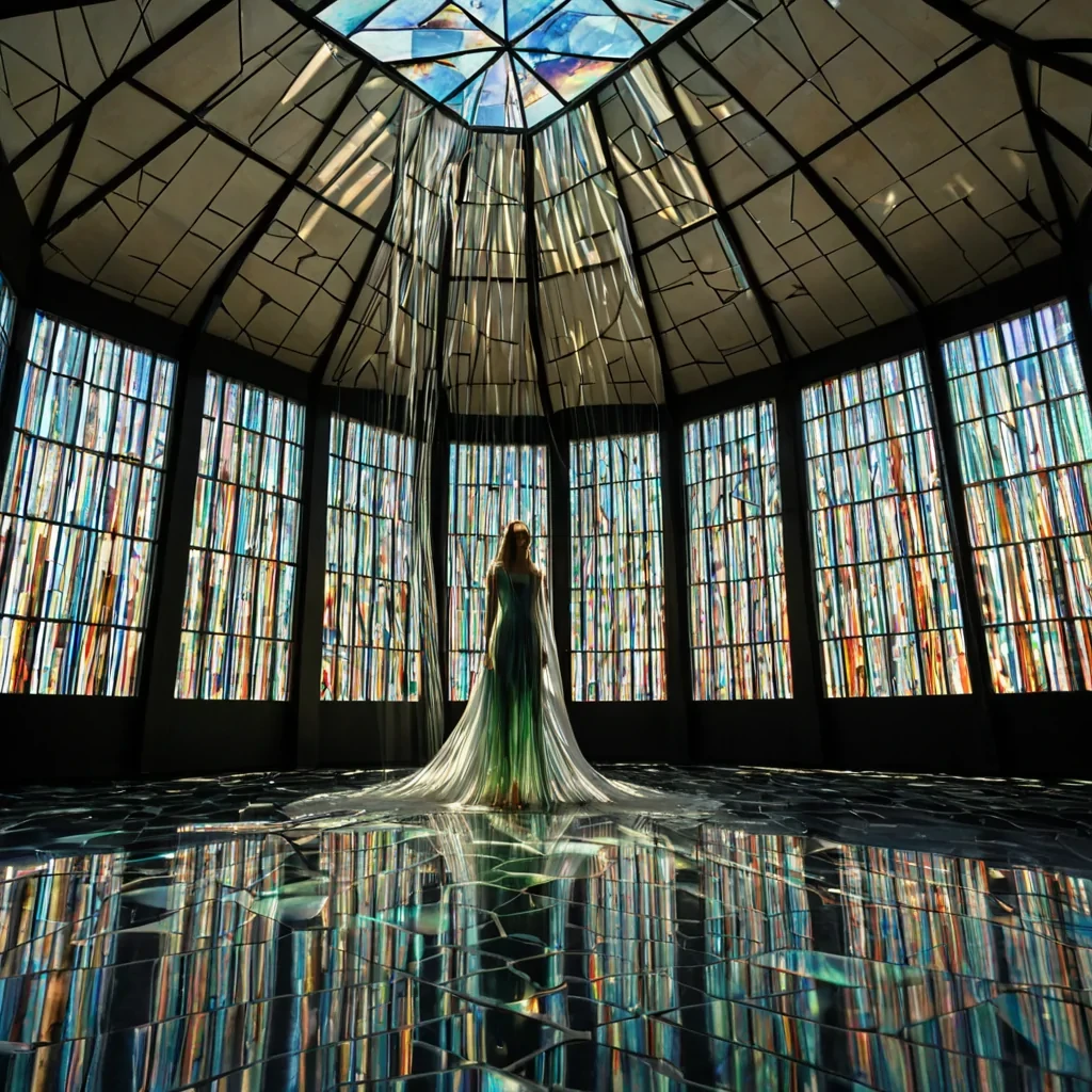 A horizontal, eyelevel medium shot of a vast, sundrenched atrium constructed from seamless, polished alabaster walls and a ceiling composed of thousands of interlocking, triangular stainedglass panes in shades of deep sapphire, burnt orange, and emerald green. Suspended from the apex of the vaulted ceiling is a massive, intricate kinetic sculpture made of thousands of slender, spunglass rods that catch the light and cast intricate, rainbowhued geometric shadows across the floor. The floor is paved with large, hexagonal tiles of matte charcoal slate, interspersed with shallow, rectangular channels of still water that reflect the prismatic light patterns above. In the foreground, a solitary figure wearing a flowing, translucent gown made of