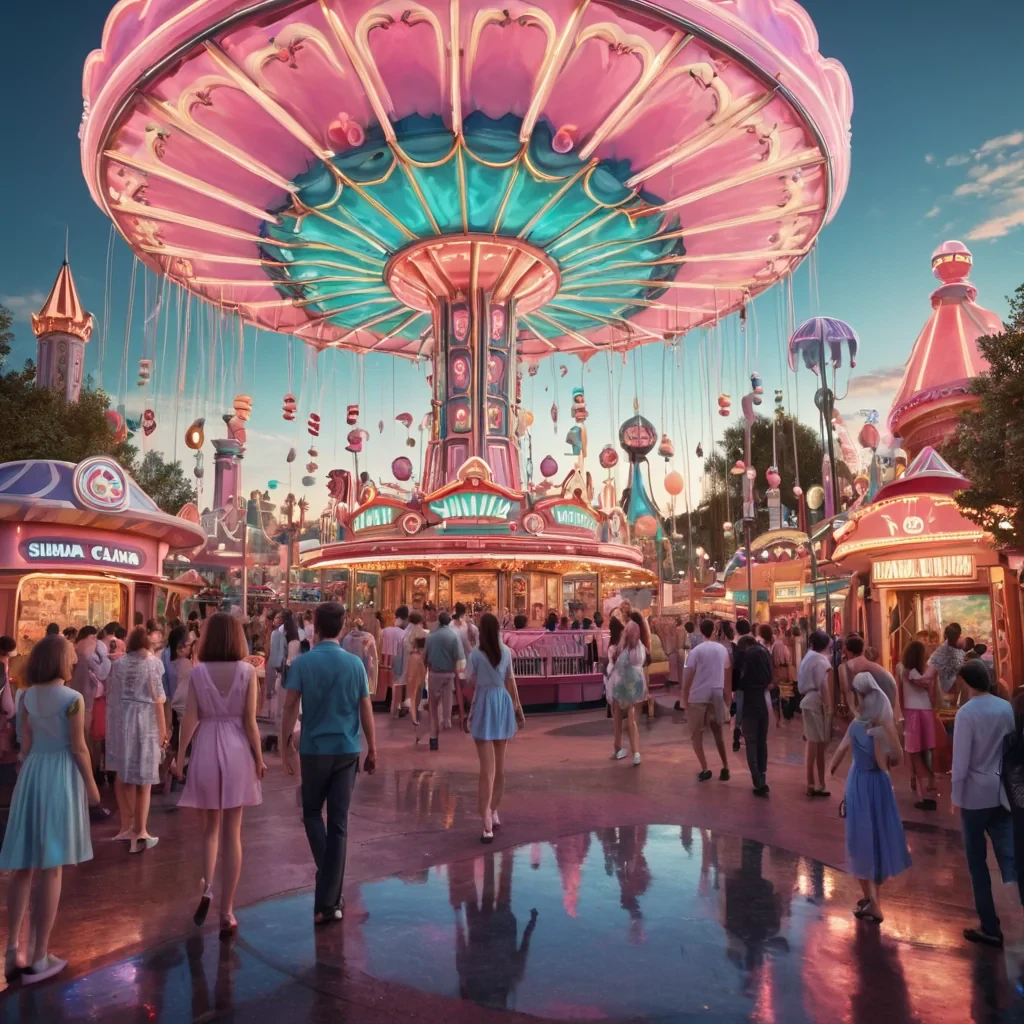 A hyperrealistic, 4K, ultra HD depiction of a vibrant, retrofuturistic amusement park at dusk. The parks whimsical, artdeco structures and neonlit attractions are etched in intricate, geometric patterns that shimmer in a kaleidoscope of pastel hues. Volumetric lighting from the pulsating, neon signs casts a mesmerizing glow on the bustling crowd of diverse, vintagedressed patrons, each with exaggerated, caricaturelike features. Photorealistic, zerogravity cotton candy formations drift in a surreal dance above the parks central, shimmering lagoon, their gentle movements casting ethereal ripples across the water. In the heart of the park, a towering, artdeco ferris