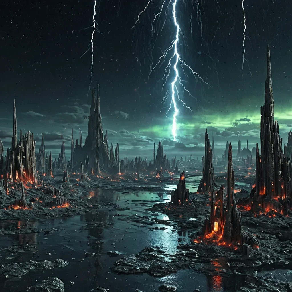 A vast, submerged city of glass and coral lies beneath the surface of a liquidmetal ocean on a rogue planet adrift in intergalactic space. The architecture is grown, not builteach tower a petrified lightning bolt fossilized in molten quartz, its surface etched with the faint, ghostly afterimages of ancient thunderstorms that once raged across the planets surface. The streets are paved with cooled, reflective mercury that mirrors not the sky, but the citys own forgotten echoes fleeting, distorted reflections of past inhabitants, their faces blurred as if seen through a rippling lens of time. Above, the sky is a perpetual aurora of static electricity, crackling with lowfrequency hums that resonate through the citys
