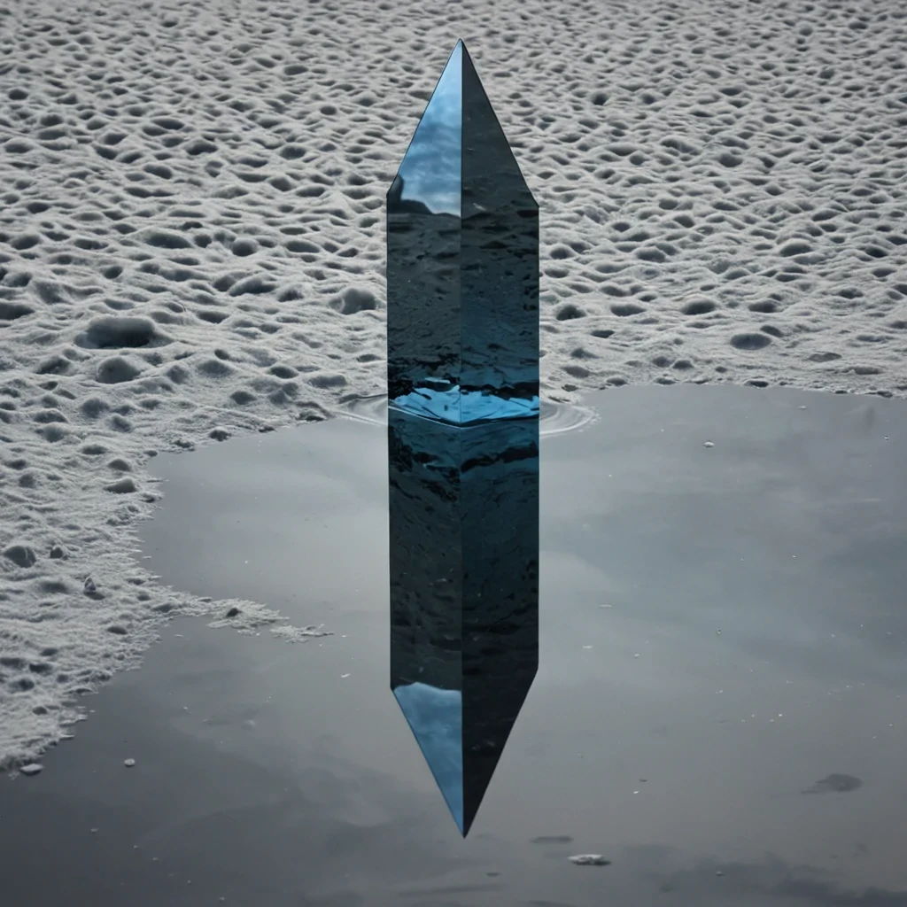 A single, selfreflecting monolith of reversed stillness, shaped like a 143dimensional prism of unformed reflection and inverted perception, floats at the center of a vast, inverted mirrorlake of solidified gazeeach ripple frozen in the exact moment between a glance captured and its refusal to be returned, a shadow cast and its denial of form, a surface touched and the hand retracting before contact. The monolith does not mirrorit unsees, each facet shedding a layer of visual potential that never coalesced into a shared image, reforming into ephemeral, sapphirethreaded afterimages shaped like the negative space between two eyes that never met in recognition, suspended in the deep, silent void where sight