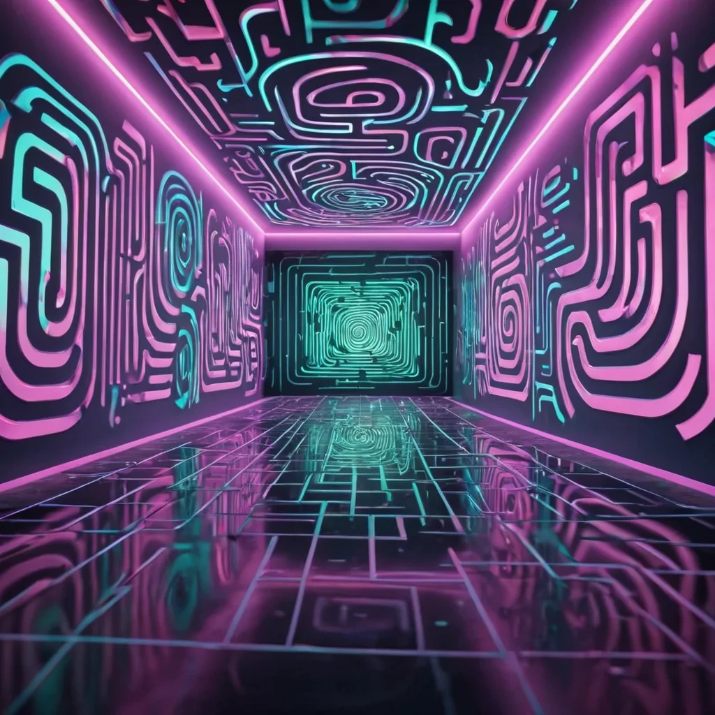 Hyperrealistic neon labyrinth under the aurora, reflective metallic walls with swirling holographic patterns, volumetric lighting, dynamic shadows, soft focus, pastel tones, 4K