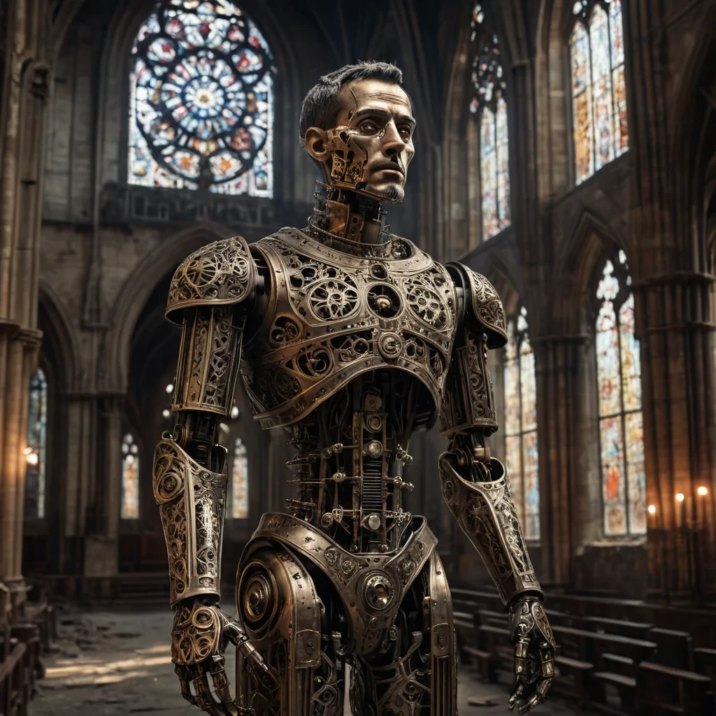 A hyperrealistic, 4K portrait of a stoic, ancient automaton, its metallic body adorned with intricate, tarnished filigree, standing alone in a vast, abandoned cathedral, surrounded by towering, gothic arches and faded, stainedglass windows, with cinematic lighting casting dramatic shadows and emphasizing the intricate, steampunkinspired design, and a subtle, cool bokeh effect creating a sense of isolation and melancholy.