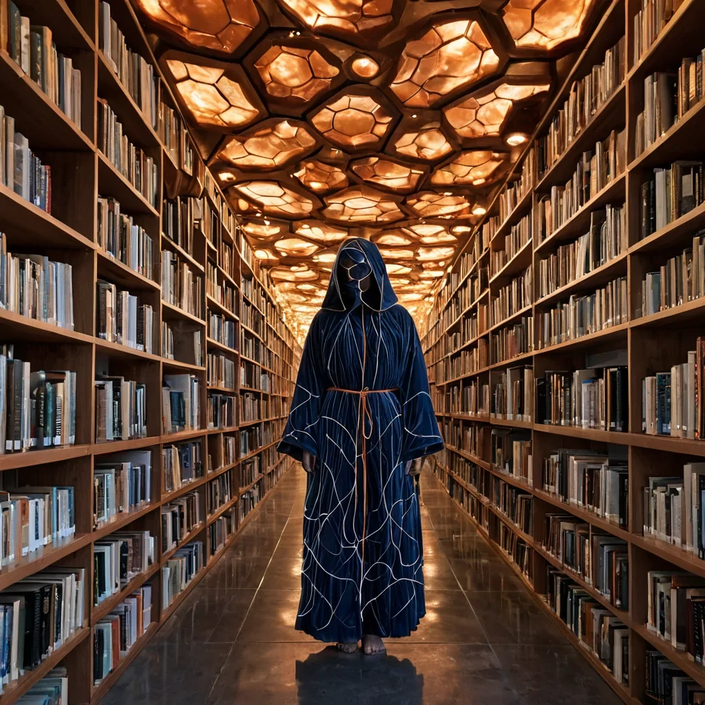 A horizontal, eyelevel medium shot of a suspended, openair library constructed from interlocking modules of honeycombshaped, translucent alabaster and brushed copper, floating amidst a dense, lowhanging mist of silver dust. The architecture features no traditional books instead, shelves are lined with thousands of vertically stacked, rotating crystal cylinders, each containing a swirling, liquid memory in shades of deep indigo and burnt orange that slowly shifts form. In the foreground, a figure with skin composed of smooth, white ceramic tiles wears a long, flowing robe of woven fiberoptic cables that glow with a soft, warm amber light, their face obscured by a minimalist, black lacquered visor. They stand on a narrow, glassbottomed walkway